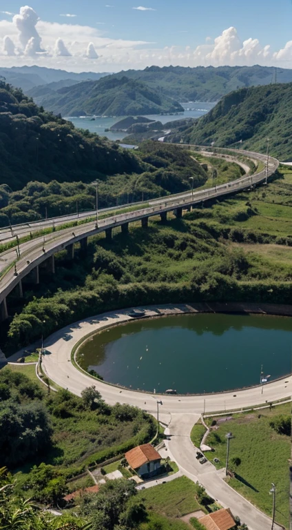 prompt: uma cidade futuro ano 2050 com ambiente de natureza e predio e casas