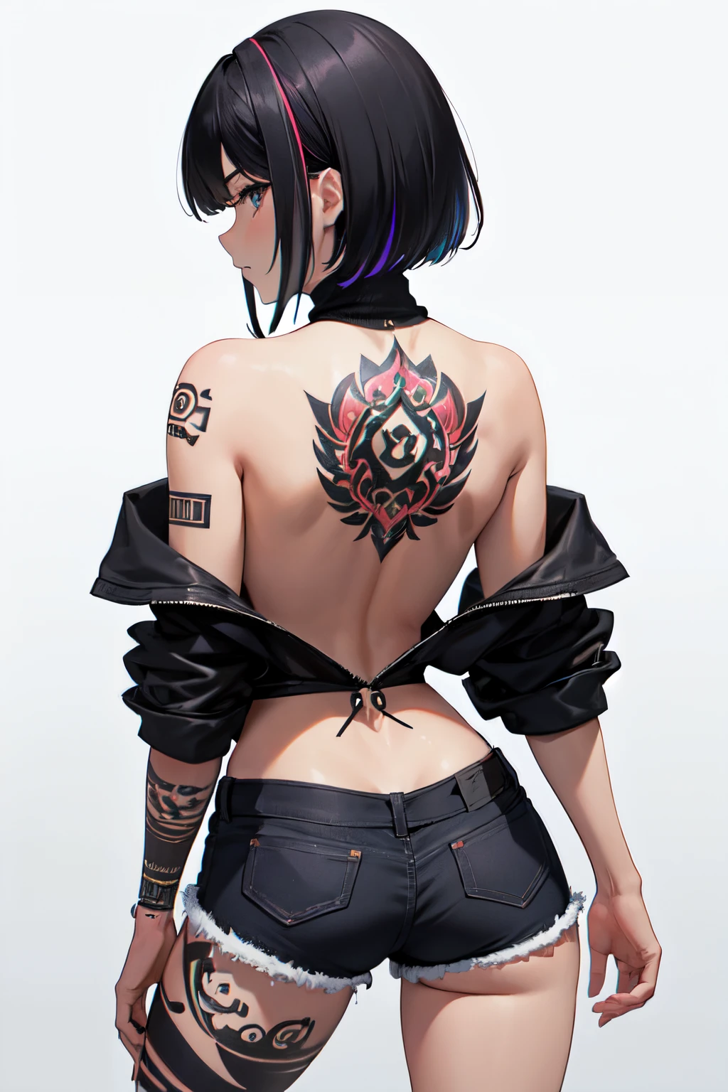 uma menina, Asian, cabelos pretos, franja, cabelos multicoloridos, turtleneck, Leveless, tampo cropped, top sem costas, shorts muito curtos, jeans shorts, Tatuagens, tatuagens nas pernas, tattoos on arms, Hands on hips, pose confiante, from behind, Olhando por cima do ombro. fundo branco, linearidade espessa, whole body view