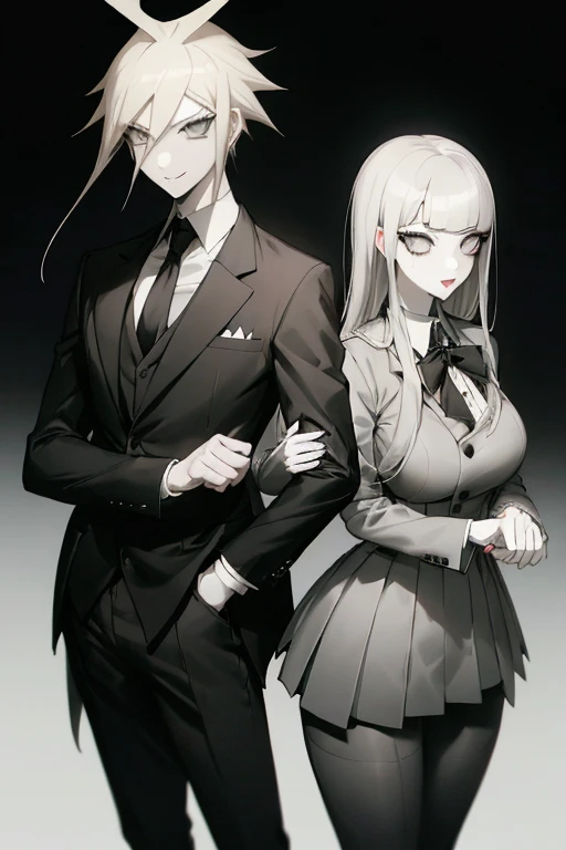 serious anime girl with pale skin with black eyeliner and dark grey square hairstyle and bangs in grey dress with black sharp collar and a pale guy smiling narcissist blonde with bangs on the side and black eyeliner in grey suit and black trousers in danganronpa style game