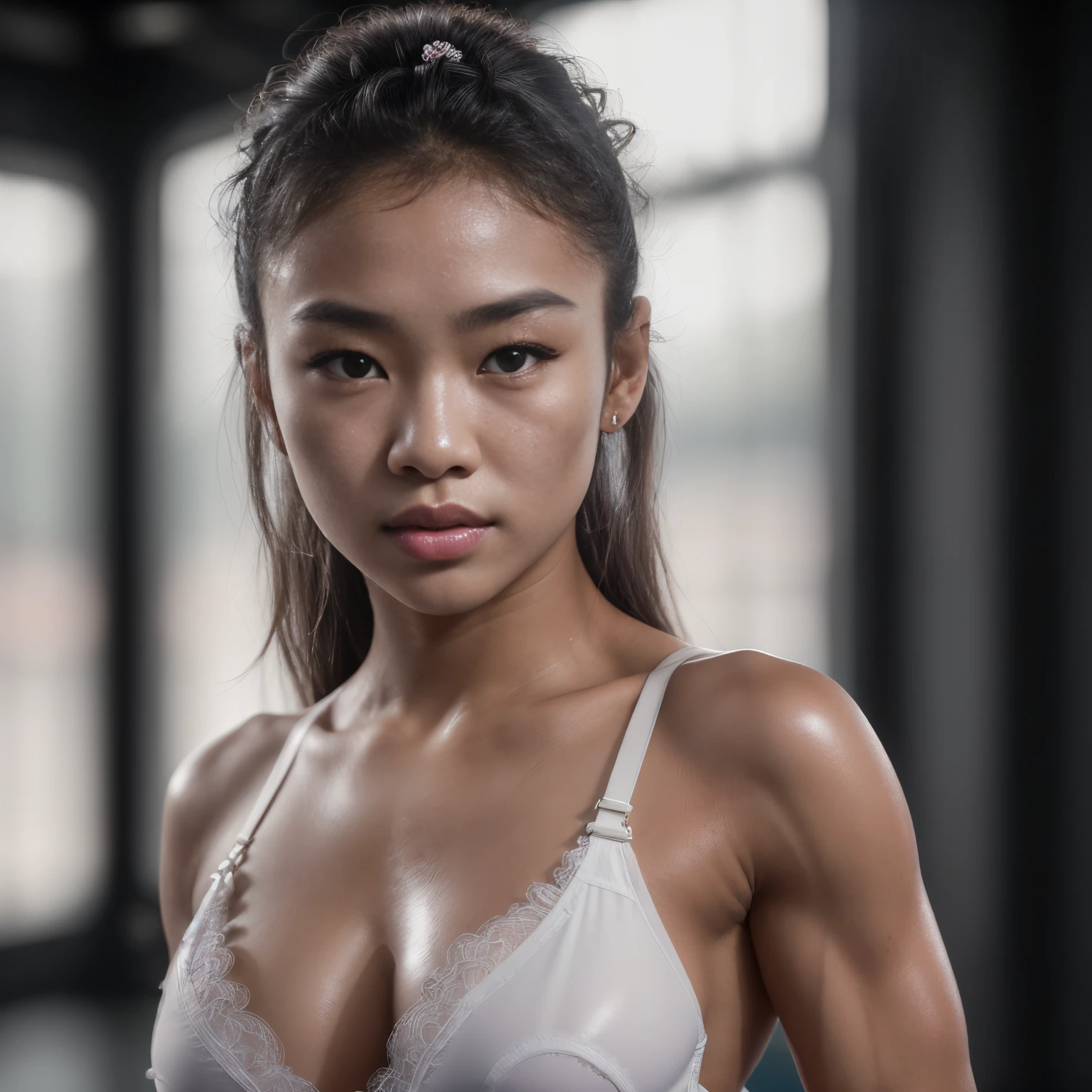 (Glamour photograph of a 18 year old Melanesian mix Asian woman), (white skimpy lingerie, MMA gloves), (highly detailed face:1.4), (muscles:1.2), (MMA pose:1.4), (background inside light, bright, private gym:1.1), (8k, uhd, dslr, high quality, cinematic lighting, bokeh), (dramatic, award winning photography, incredible masterpiece:1.3), (lusty aroused stare at camera:1.3)