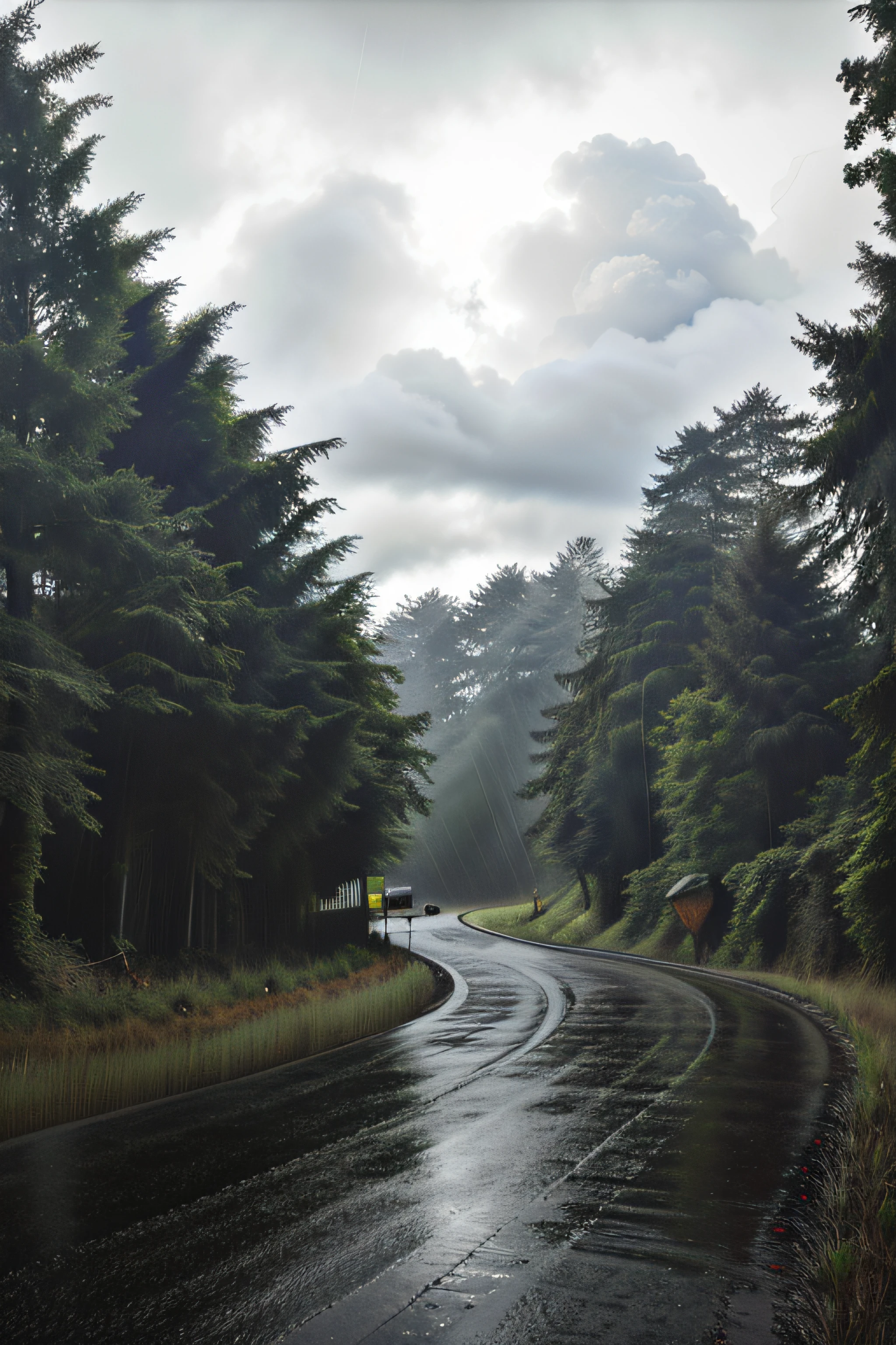 forest road, rainy, realism, crow, clouds, realism, ultrarealism