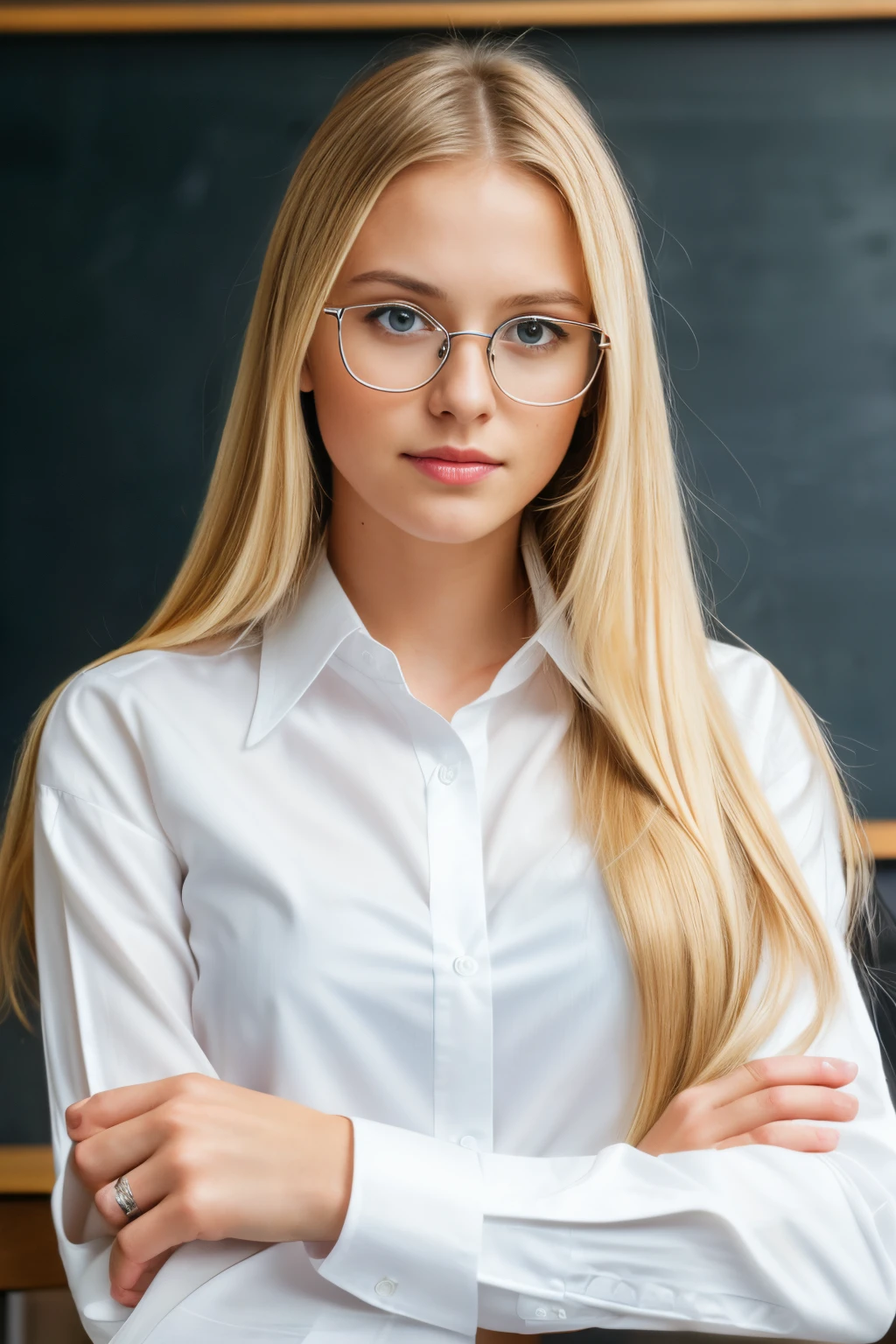 4k, RAW photo, best quality, ultra high res, photorealistic, 1 very young  girl, blonde  girl, very long straight blonde hair, solo, dark brown eyes, sitting, teacher look, looking clever  (((wearing white shirt))), looking at viewer, ((holding glasess)), wearing glasses, stern facial expression, daylight, instagram picture, arms crossed hands