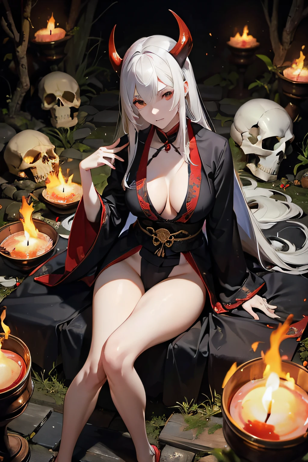 Japanese daemon woman (highly detailed face 1.6), (detailed legs 1.2), (detailed feet 1.2), hourglass body, pale skin, ultra detailed, large breasts, dynamic hair, long straight hair, sitting atop a pile of skulls in a japanese forest, dark, gritty, evil, flames, beautiful image, dark robes with much detail, dark anime, highly detailed, maximalist,