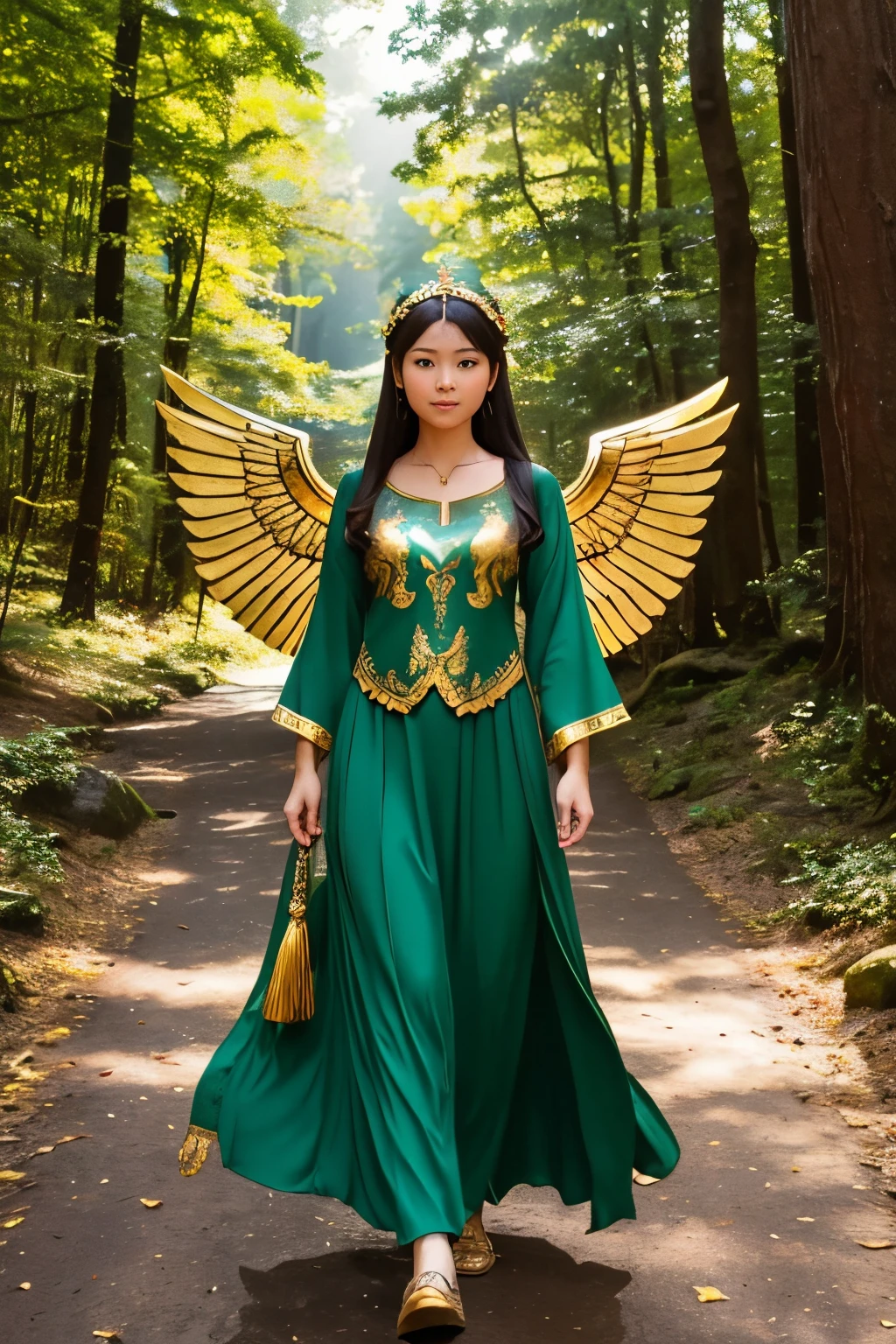 Walking in the forest、Suddenly I see a majestic figure approaching. she has huge wings that shine in the sunlight, And a lion's head with eyes that seem to pierce her soul. she is wearing a green tunic, decorated with golden details ... I'll smile at you