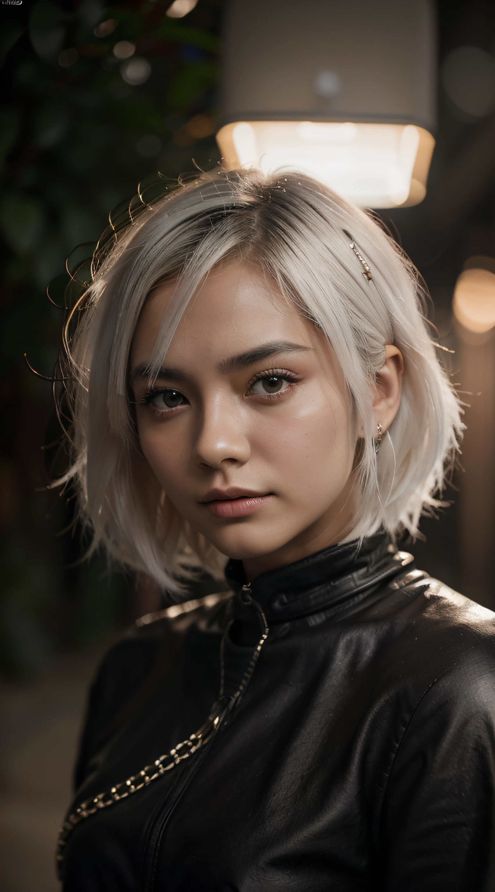 plano detalle, 20-year-old, Asian girl, asian factions, French Bob Style Hair, dyed white hair, ojos verdes, Looking at the camera, Retrato fotorrealista, enorme detalle, piel texturizada, piel detallada, chaqueta rosa, estilo kpop, cara ultradetallada, estilo de imagen hiperrealista, fotografia de revista, fotografia de estudio, posando, profesional photography, 4k (aislado sobre fondo negro oscuro:1.2), dynamic pose, (Soft lighting:1.4), tomada con Canon EOS 5D,