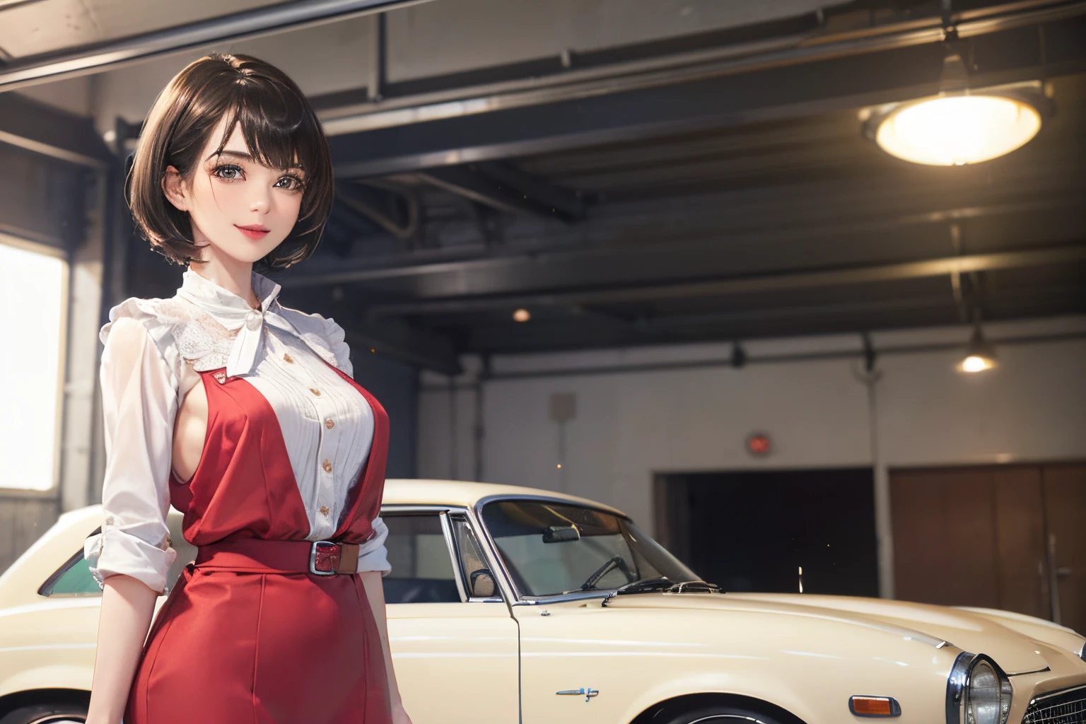 127
(a 20 yo woman, Standing), (A hyper-realistic), (high-level image quality), ((beautiful hairstyle 46)), ((short-hair:1.46)), (Gentle smile), (breasted:1.1), (lipsticks), (Large garage), (Depth of field is deep), (classic car)