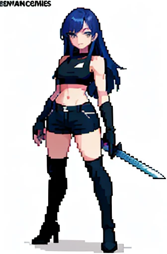 (masterpiece, top quality, best quality), pixel, pixel art,1girl,full body, high detail, long dark blue hair, black shorts, black crop top, thigh high boots, midriff, holding humongous sword