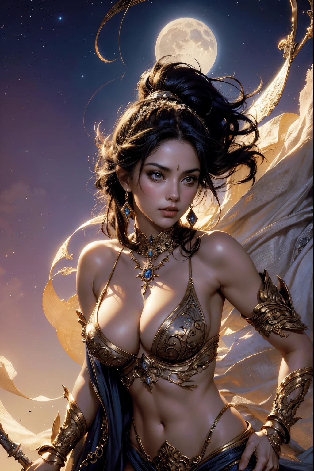 Art image of a sexy Goddess of the Moon, fantasy, show skin, cleavage,  by Louis Royo, Boris Vallejo, Frank Frazetta, extreme focus, sharp details, sexy,