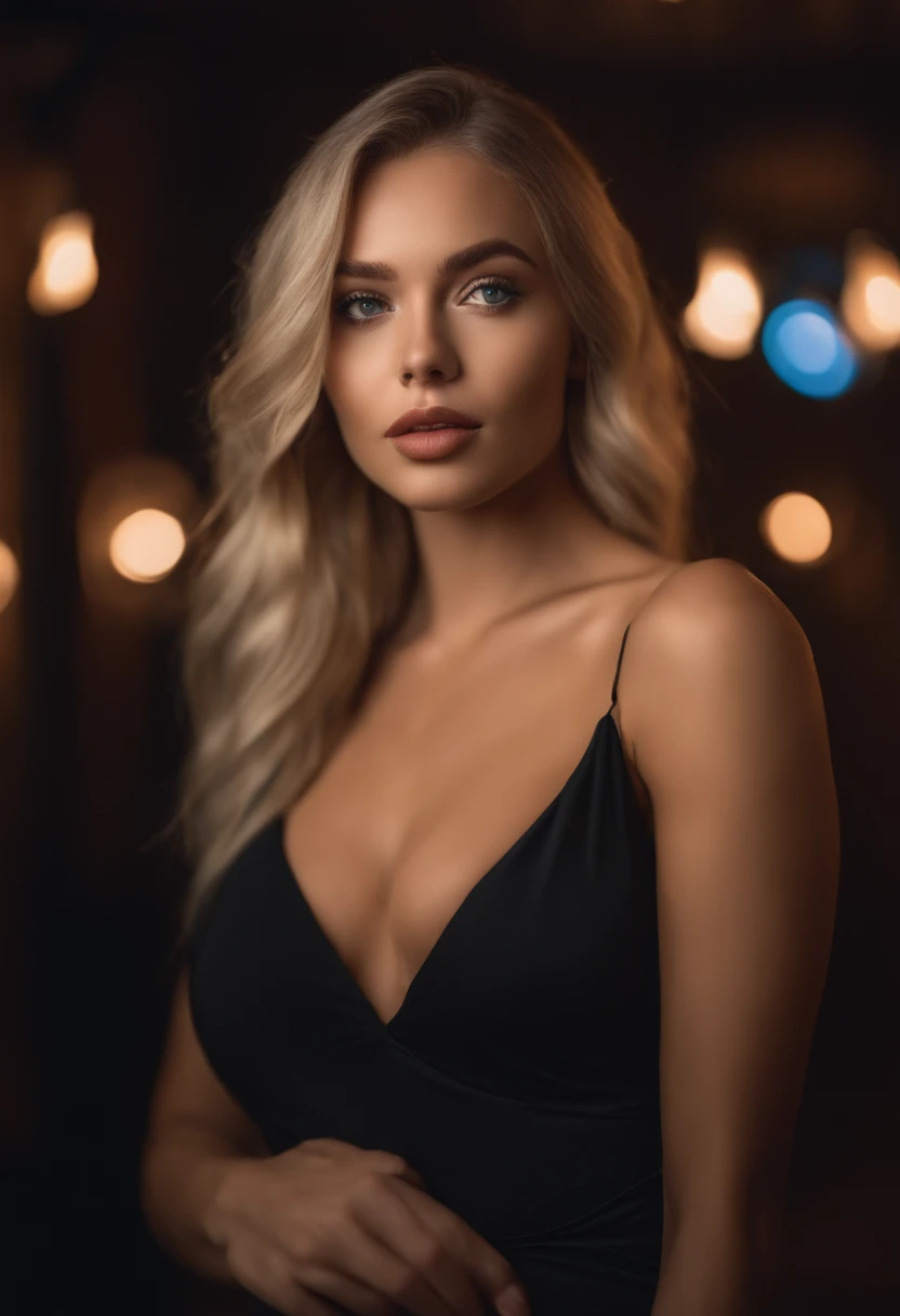 Blonde woman dancing in nightclub with black dress, with blue eyes, portrait sophie mudd, crowded background, Best quality, 1 girl, Portrait of Corinna Kopf, blonde hair aand large eyes, selfie of a young woman, Orn makeup, natural makeup, Look directly into the camera, face with artgram, Decentus makeup, Great full body photo, Being in the room, Large of breast, Blonde, latina