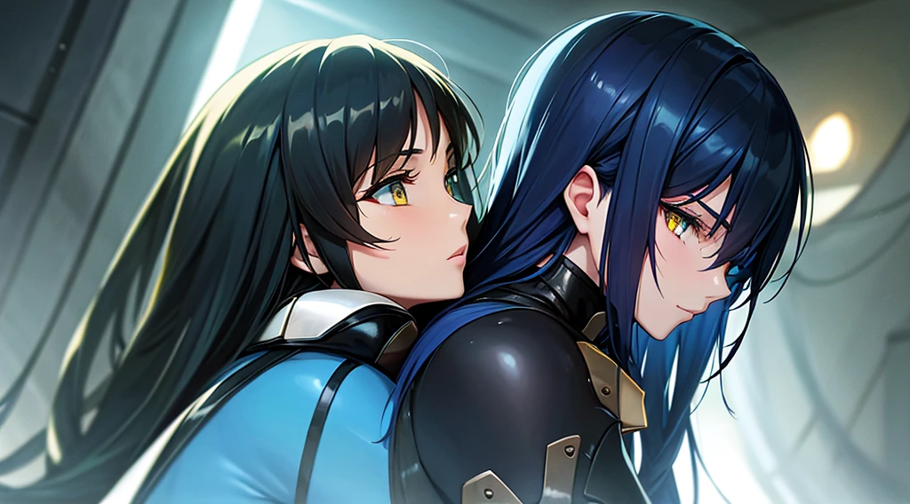 Beautiful women in long blue and black leather suits with yellow eyes hug each other