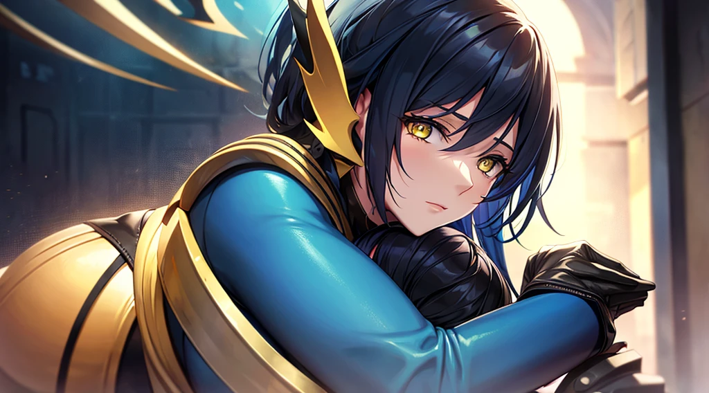 One girl、alone、Anime-style paintings、Sparkling Blue Eyes、Black Hair、ponytail、armor、Blue bodysuit、Upper body close-up、Wicked Smile