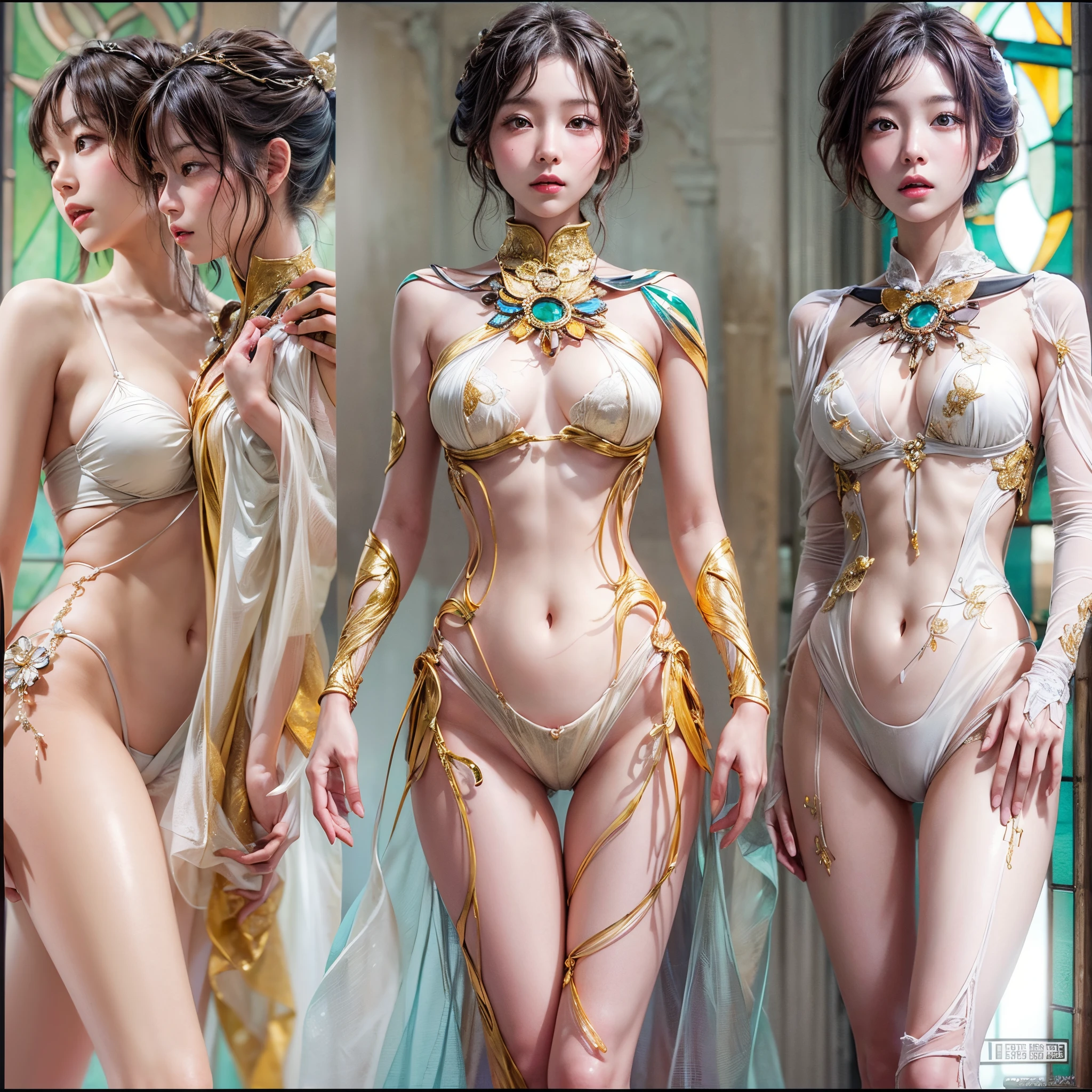 ( Masterpiece, White and vivid colors, (Exposed:1.2), (nipple:-0.9)), (((Renbutsu Misako|Misako Renbustu))), ((face variations)), { Navel | pretty Ass }, portrayed in the best quality and high resolution. The image should be ultra-detailed, realistic, and photorealistic with a touch of rawness. concept art. The color tone should be vibrant and vivid, enhancing the overall visual impact. (Whole Body proportions and all limbs are anatomically accurate), (Vivid Colorful light shines through the delicate stained glass). delicate limbs, Detail of sparkling oiled ivory skin, (short Bob, delicate wear), Whole Body proportions and all limbs are anatomically accurate .