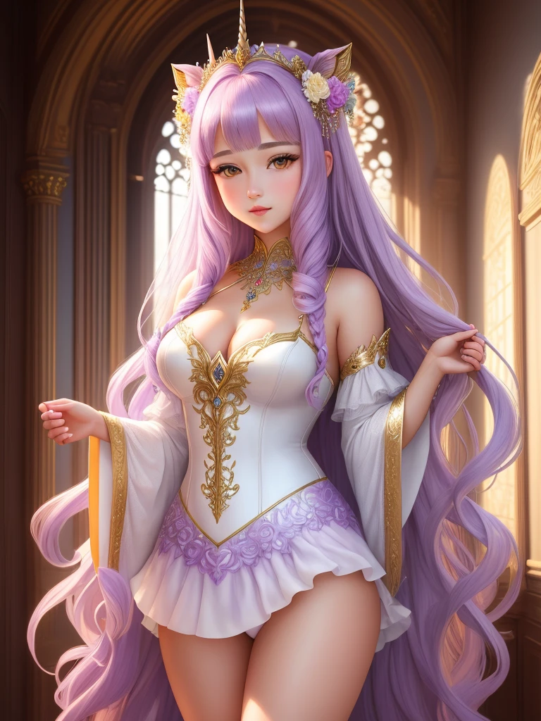 (Masterpiece - Ultra-Detailed, High Resolution) Prepare to be enchanted by a true masterpiece that combines ultra-detailed art with high-resolution rendering. This work shows a mesmerizing girl with long lilac hair (1.3) and captivating yellow eyes (1.2), emanating an aura of elegance and mystery. The intricate details and realistic textures invite you to explore every aspect of this enchanting composition. Girl wearing unicorn tiara. Get ready to dive into a world where beauty and craftsmanship merge perfectly.