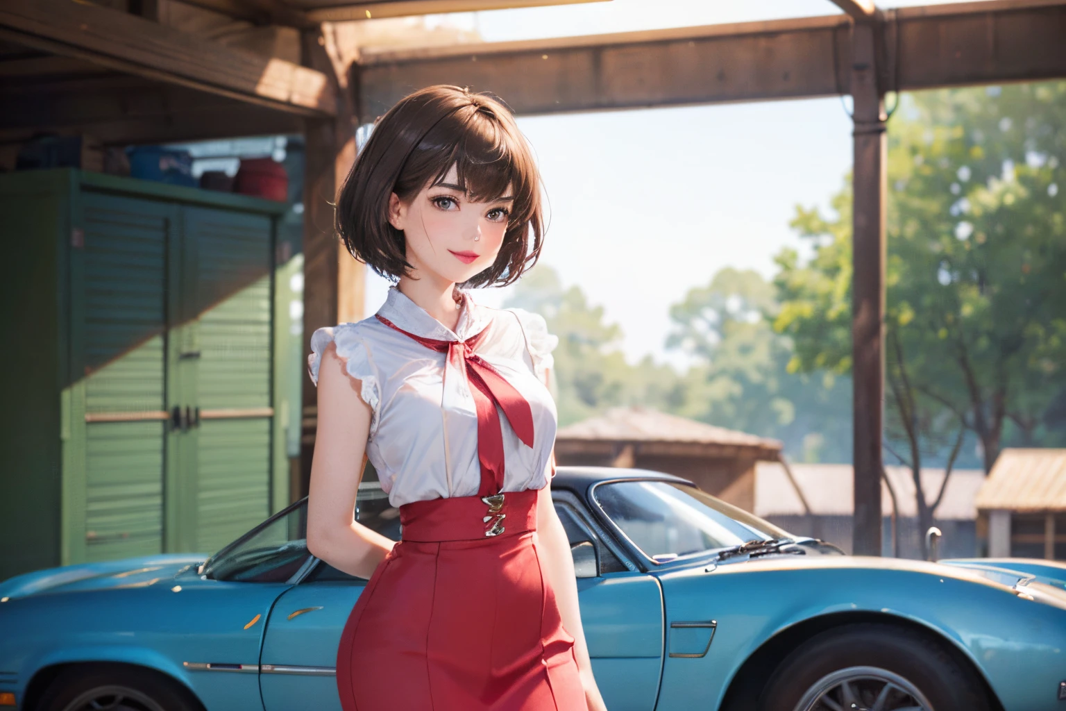 127
(a 20 yo woman, Standing), (A hyper-realistic), (high-level image quality), ((beautiful hairstyle 46)), ((short-hair:1.46)), (Gentle smile), (breasted:1.1), (lipsticks), (Large garage), (Depth of field is deep), (classic car)