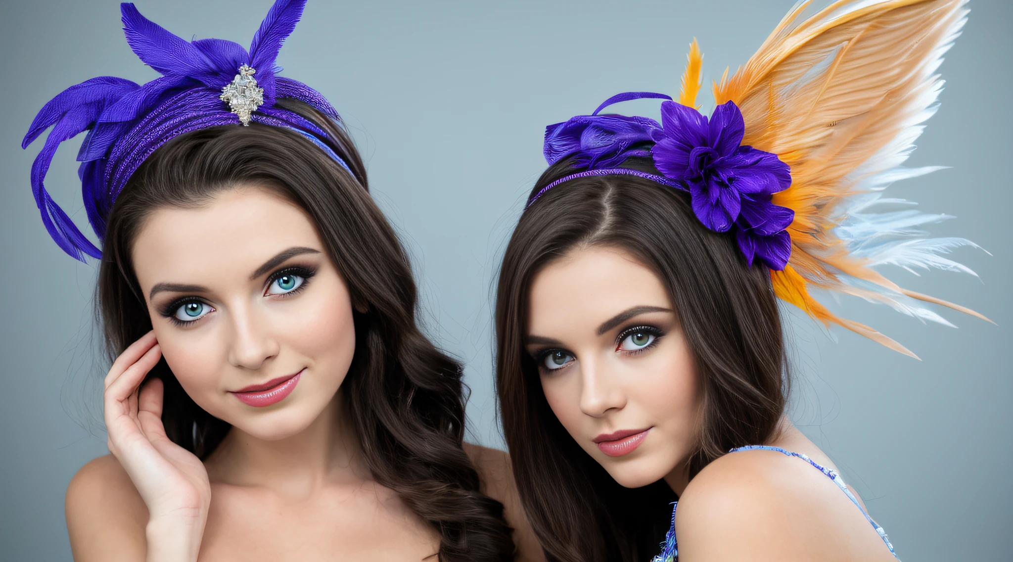 blonde  girl with a blue bow and purple feathers on her head, wearing her face covered by an angel&#39;s halo, usando halo de anjo, menina com asas de anjo, wearing hair bow, menina com penas, Diretor: Maria Angel, vestindo anjo , arco grosso, de uma menina anjo bonita, cara de anjo, Arcos, assunto completo mostrado na foto, anjo da menina alada, hairbow, Blue witch hat