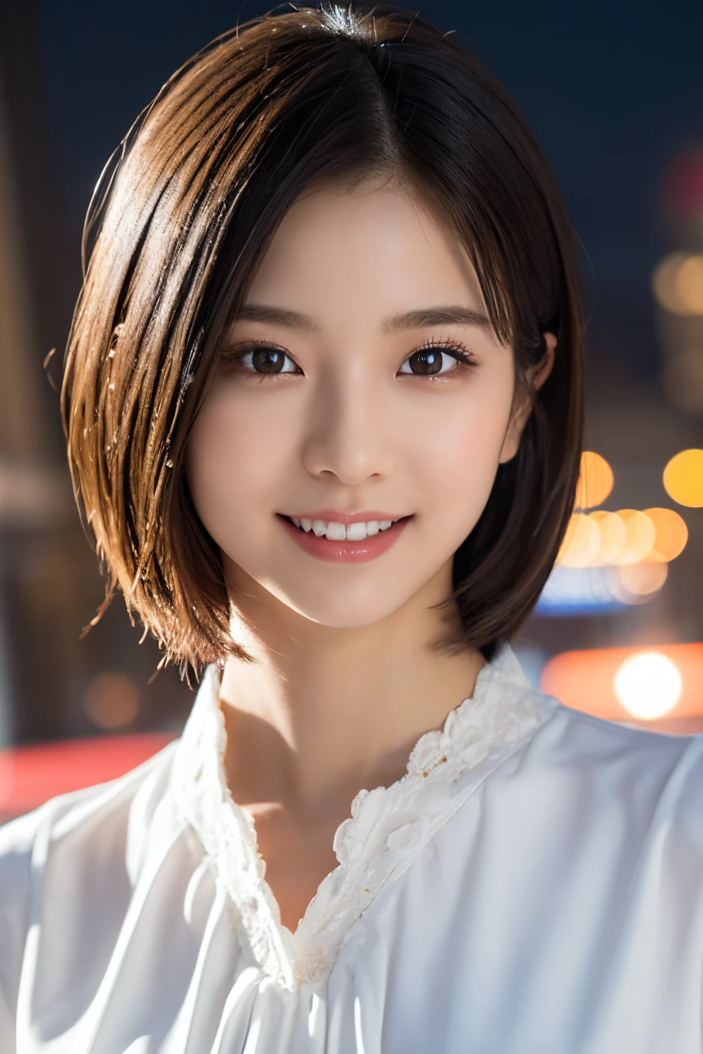 1girl in, (Wearing a white blouse:1.2), (Raw photo, Best Quality), (Realistic, Photorealsitic:1.4), masutepiece, Extremely delicate and beautiful, Extremely detailed, 2k wallpaper, amazing, finely detail, the Extremely Detailed CG Unity 8K Wallpapers, Ultra-detailed, hight resolution, Soft light, Beautiful detailed girl, extremely detailed eye and face, beautiful detailed nose, Beautiful detailed eyes, Cinematic lighting, city light at night, Perfect Anatomy, Slender body, Smiling