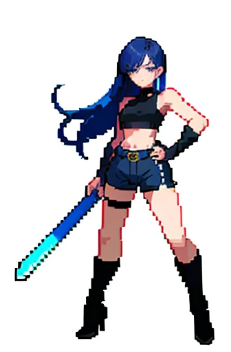 (masterpiece, top quality, best quality), pixel, pixel art,1girl,full body, high detail, long dark blue hair, black shorts, black crop top, thigh high boots, midriff, holding a sword as tall as herself, giant sword