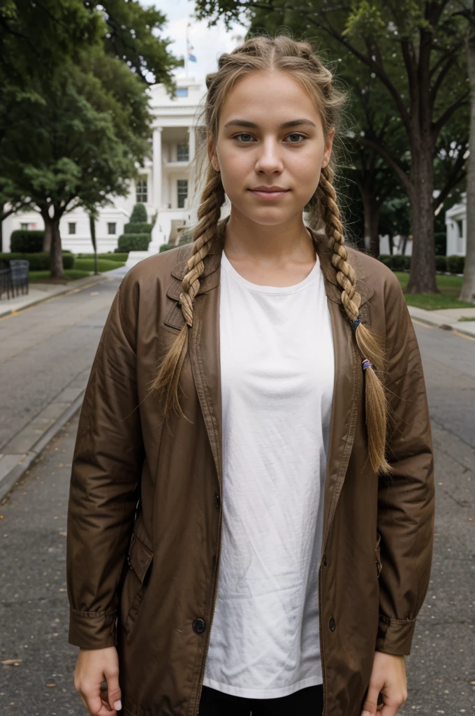 A friendly 27-year-old American PORTRAIT, with short, neatly plaited and braided blonde hair, striking brown eyes,WHITE HOUSE, standing IN THE STREET, WHITE HOUSE, washington dc