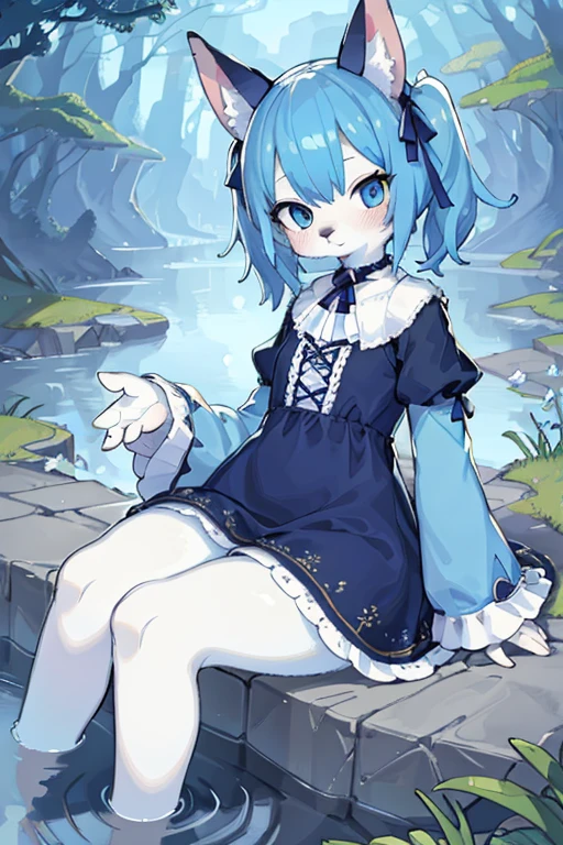 ((masterpiece, best quality)),furry, animal ears, tail, bodyfur,
(ultra-detailed), (illustration), (ultra highres), (delicate illustration), (hyper detailed),1girl, blue_dress, blue_eyes, blue_hair, blush, dress, long_sleeves, outdoors, pond, short_hair, sitting, soaking_feet, solo, twintails, two_side_up, water