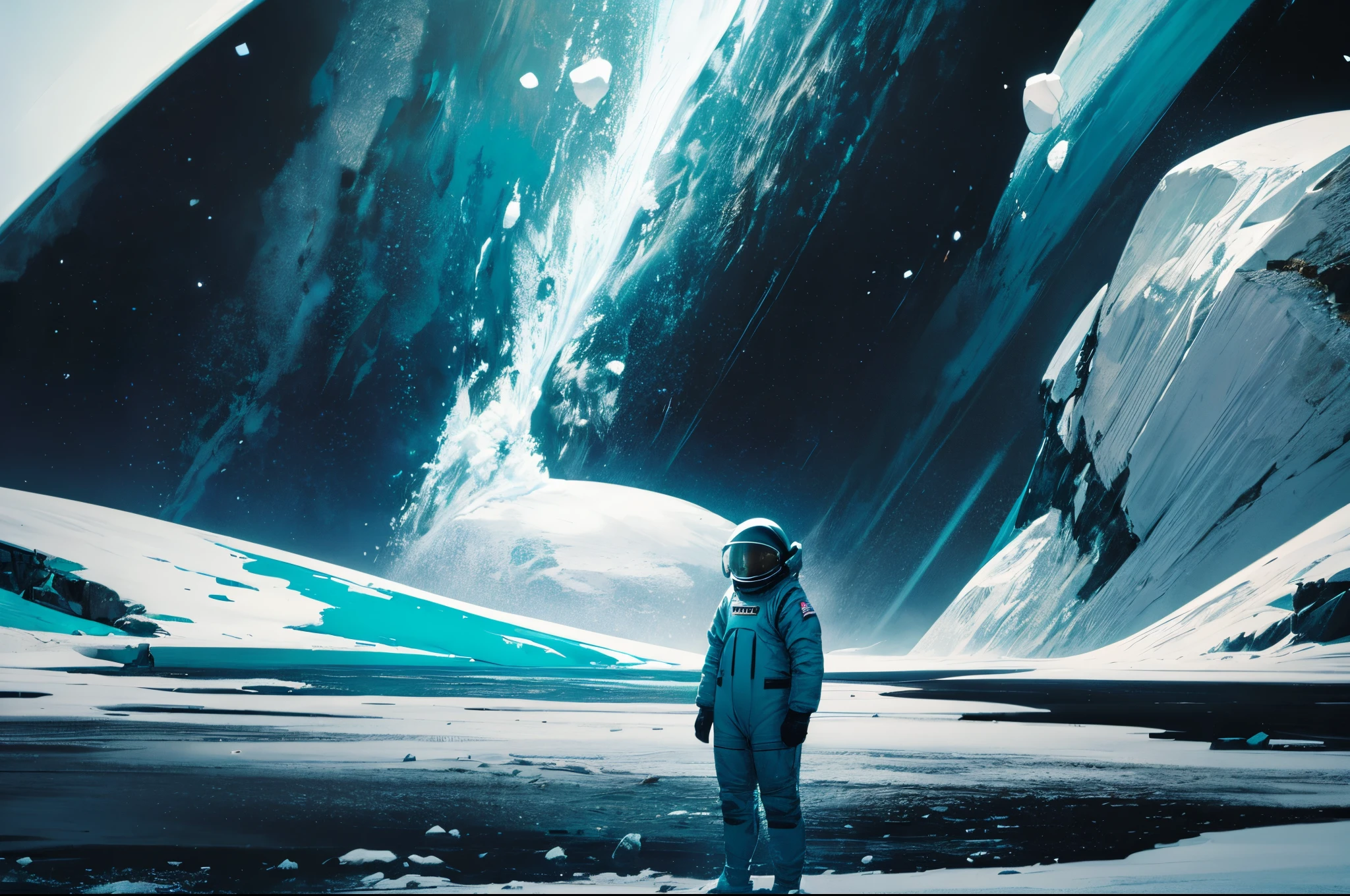 wide angle minimalist photo of an astronaut in an icy shore, in a style of movie still, euphoria, teal grey and warm, muted tones:: mars, ocean, dark teal grey and warm, muted tones