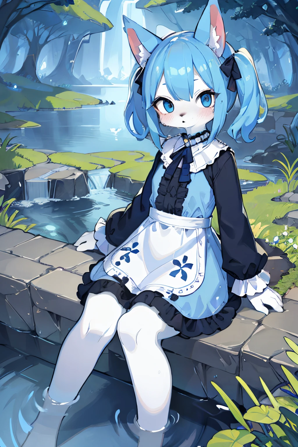 ((masterpiece, best quality)),furry, animal ears,  tail, bodyfur, 
(ultra-detailed), (illustration), (ultra highres), (delicate illustration), (hyper detailed),1girl, blue_dress, blue_eyes, blue_hair, blush, dress, long_sleeves, outdoors, pond, short_hair, sitting, soaking_feet, solo, twintails, two_side_up, water