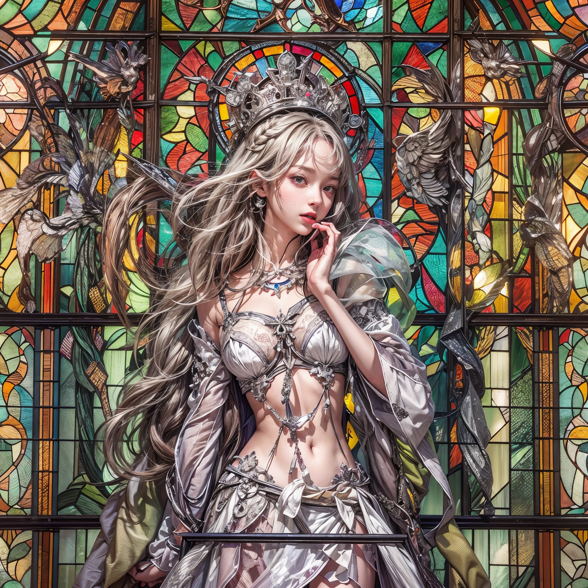 from below:1.2, (((masutepiece:1.35))), (((8K,Acutance))), (((hight resolution))), surrealism, god rays, Zoom Layer, (((photorealistic:1.37))), F/4.0, canon, Detailed glistening skin,Detailed face, Detailed eyes, Beautiful bride goddess, Princes Tiara, delicate lace knitted see-through wedding dresses, Mystical sight, ((Light shines through stained glass:1.2)), Gigantic Cleavage:1.37, Overflowing, Biomechanical HUGE and HEAVY boob, (navel), (brilliant simple ruby accessories), { ((correct hands))|((hidden hands)) }