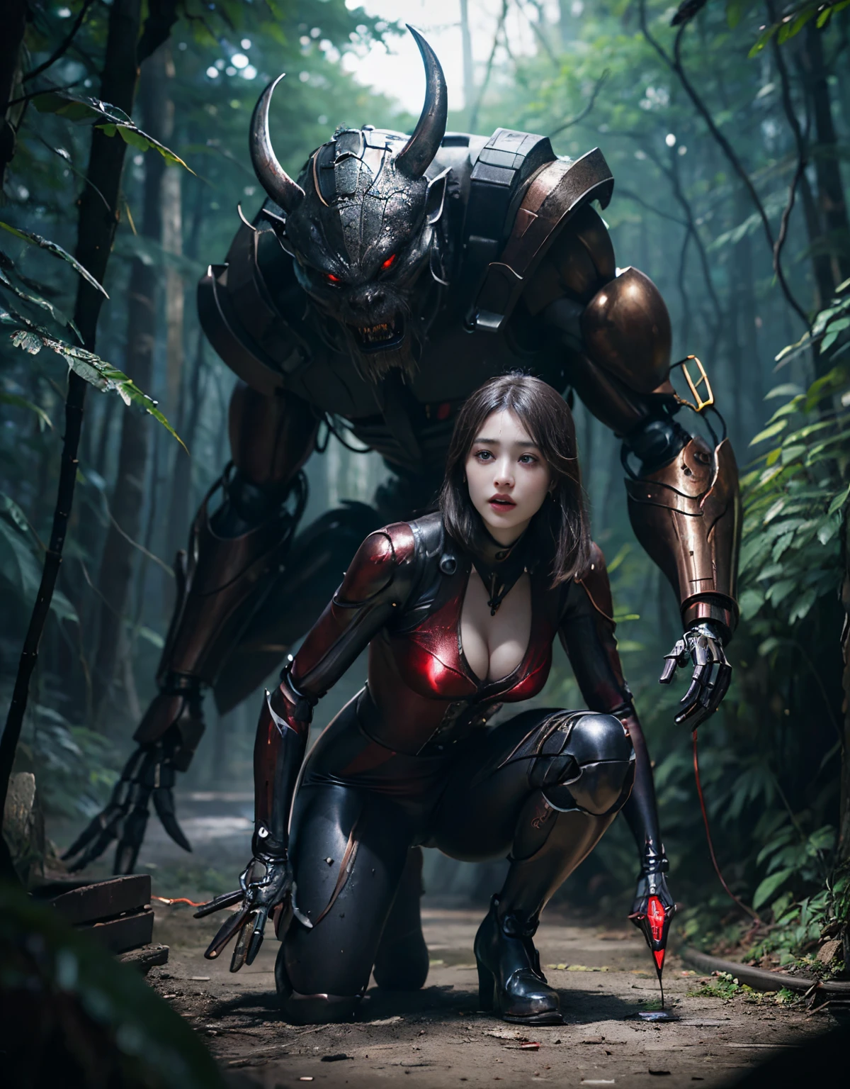(1 Mechanical Girl)、（Mystical expression）、top-quality、​masterpiece、超A high resolution、(Photorealsitic:1.4)、Raw photo、女の子1人、Fight mutants、glowy skin、(((1 Mechanical Girl)))、（Red Metal Bodysuit）、(Fight goblings、ogre、Fierce battle with Osite、Beautiful forest background of fierce battle with alien night demon beast)、(Small LED)、((super realistic details))、vertical giant monster background),globalillumination、Shadow、octan render、8K、ultrasharp、Colossal tits、Raw skin exposed in the cleavage、red metal、Details of complex ornaments、Japan details、highly intricate detail、Realistic light、(Mystical expression),CG Society Trenlow Eyes、Eyes shining towards the camera、Mechanical marginal blood vessels connected to neon detail tubes)、(Wires and cables connecting to the head)、Small LED、,Mechanical thighs、Toostock、（Hands are also made of machines.traces on the cliff）、机器人、