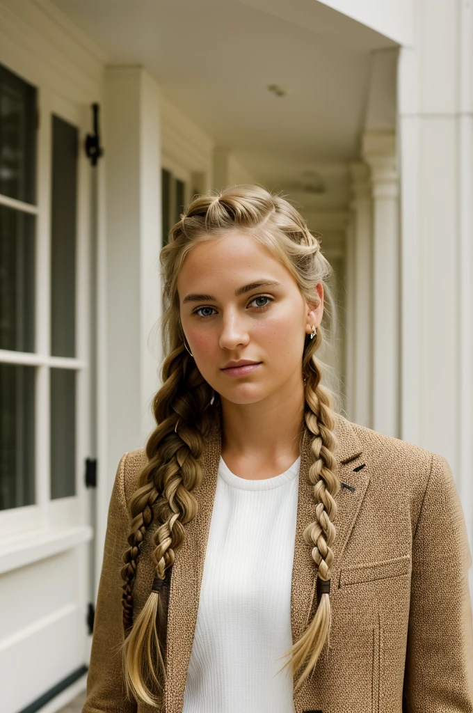 A friendly 27-year-old American PORTRAIT, with short, neatly plaited and braided blonde hair, striking brown eyes,WHITE HOUSE, standing IN THE STREET, WHITE HOUSE, washington dc, wearing a suit