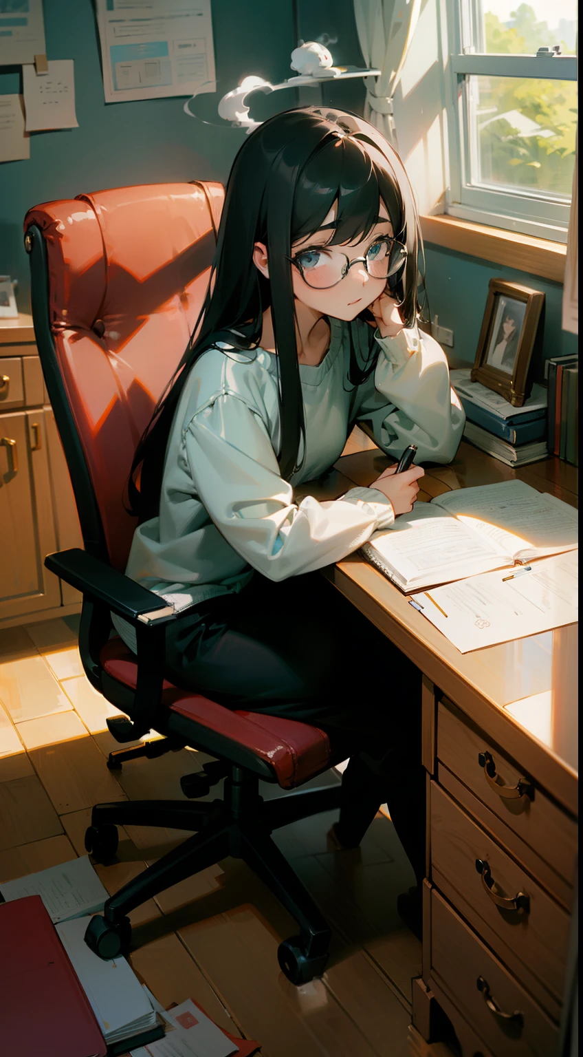 Cute room、One girl studying(sit a chair)、desk work(I have a notebook)、eye glass、Long Black Hair、fullnude、Mug on desk(Steaming)、Thinking Face、Write notes with a pen
