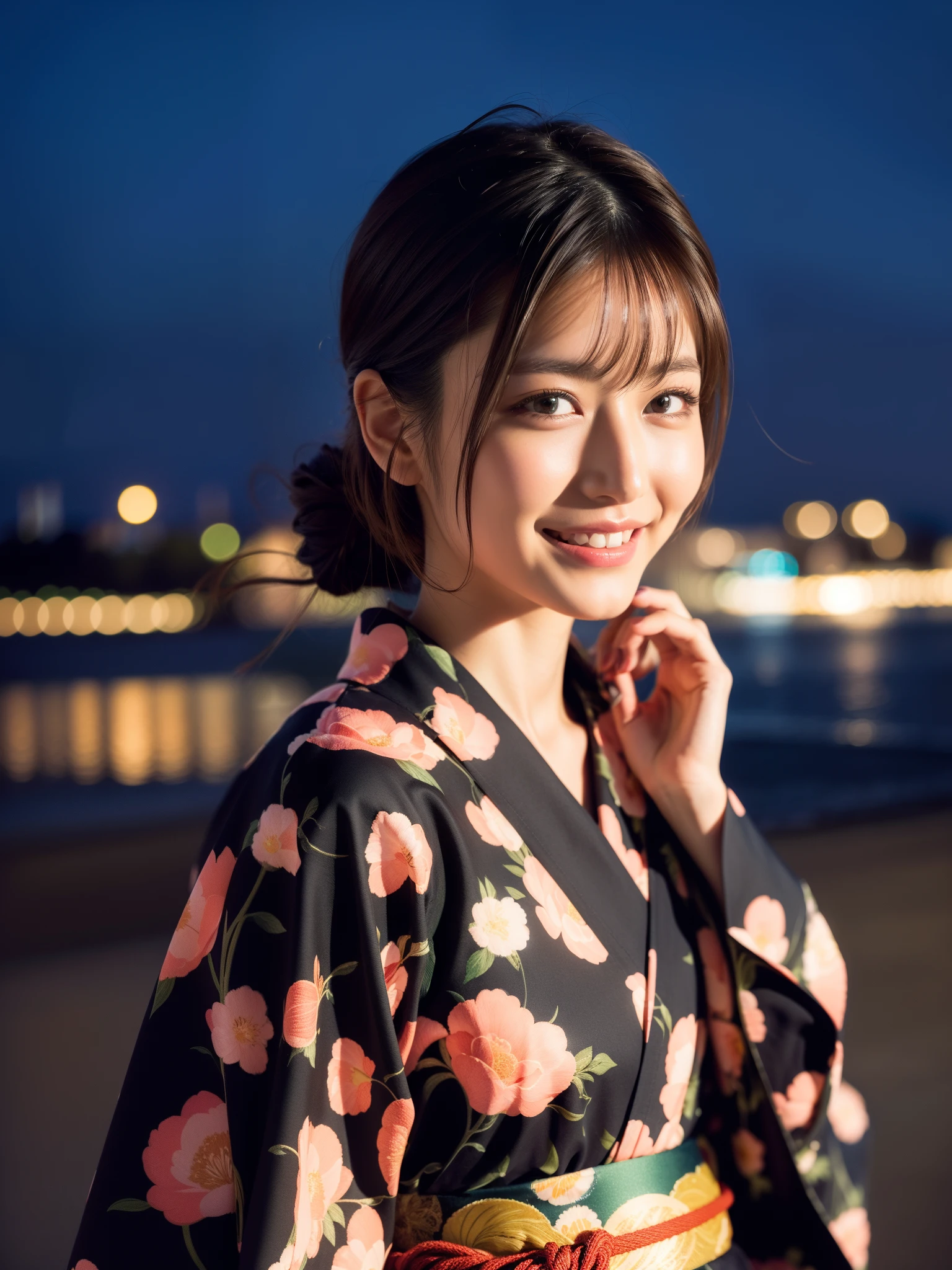 1girl in,(komono, Black kimono, with floral pattern, print kimono, sash, Wide sleeves, Obi),City Background,(Raw photo, Best Quality), (Realistic, Photorealsitic:1.4), masutepiece, extremely delicate and beautiful, Extremely detailed, 2k wallpaper, amazing, finely detail, the Extremely Detailed CG Unity 8K Wallpapers, Ultra-detailed, hight resolution, Soft light, Beautiful detailed girl, extremely detailed eye and face, beautiful detailed nose, Beautiful detailed eyes,Cinematic lighting,night seaside,Starry sky,Perfect Anatomy,Slender body,lightsmile