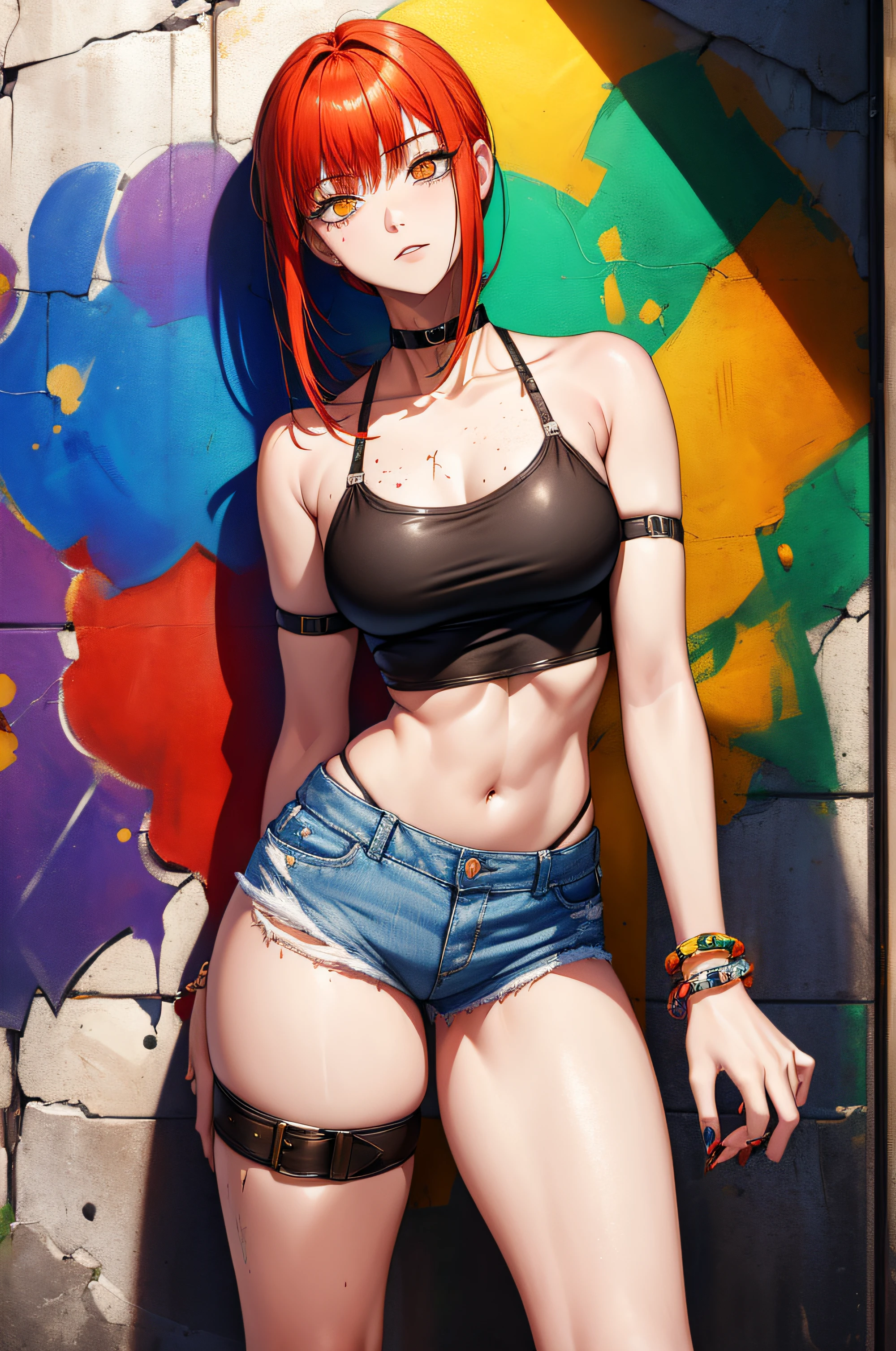 Masterpiece, Best Quality, 1girl, report, crop-top, jean shorts, Choker, (graffiti:1.aint splatter, (Hands Behind Your Back), Against a wall, looking a viewer, A bracelet, thigh strap, Paint on the body, tilt of head, bored, fiery hair color, Rainbow-colored eyes,