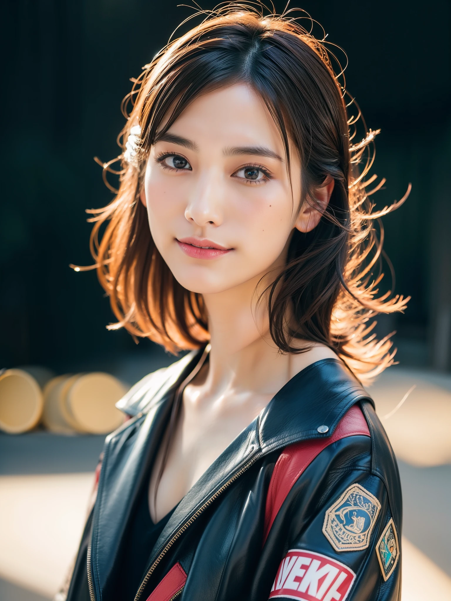 Clothing is a leather jacket、The color of the jacket is black,The collar is large