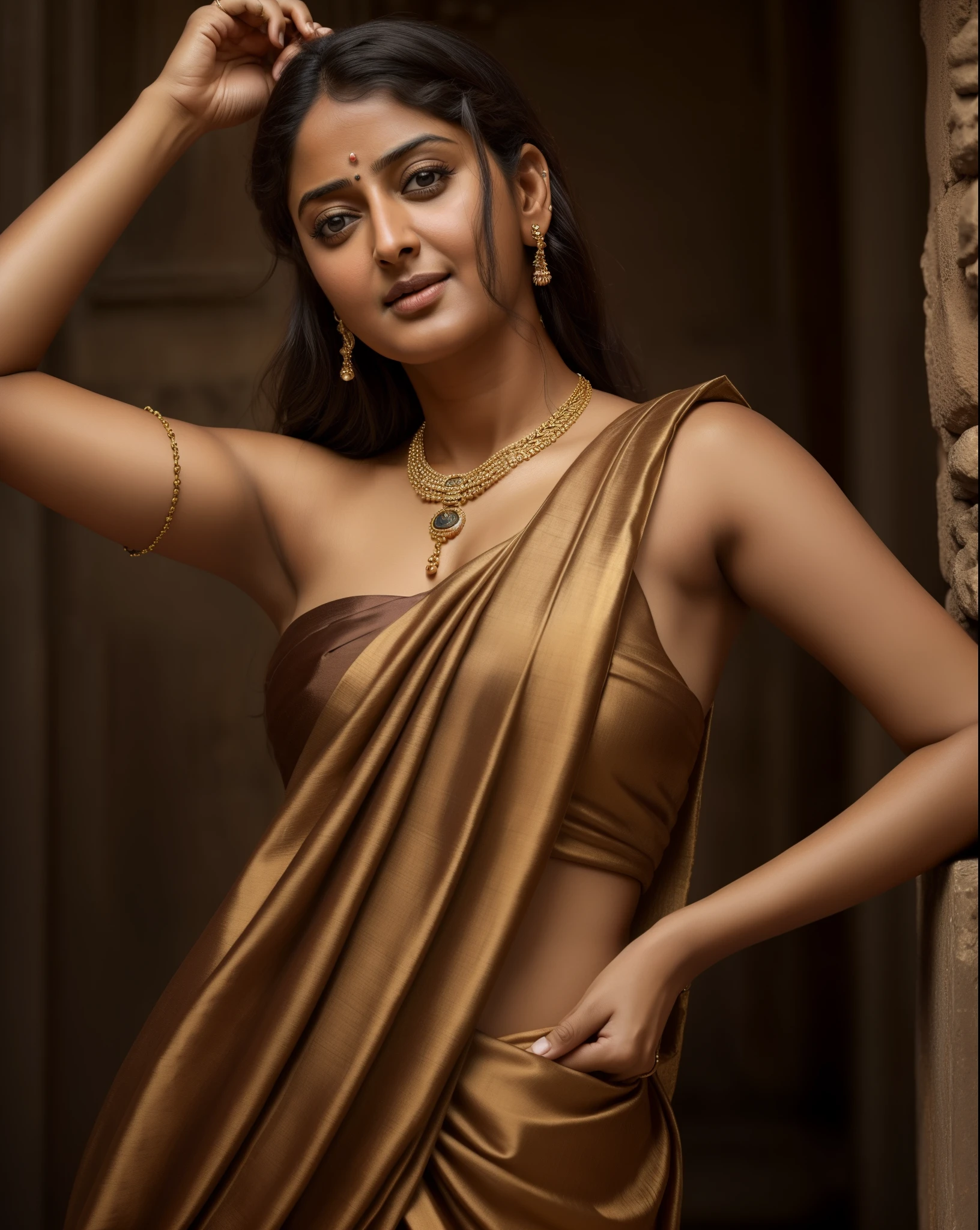 Looks like Anushka Shetty, (piece of master), (best quality), cinemactic, photorealism, rendered, Realistic, ultra detailed, perfect face, portrait frame, chest up, Greek princess, 30 year old woman, ancient princess, brown eyes, detailed dress, necklaces , accessories, earrings, a beautiful ancient princess, dark hair, front, beautiful