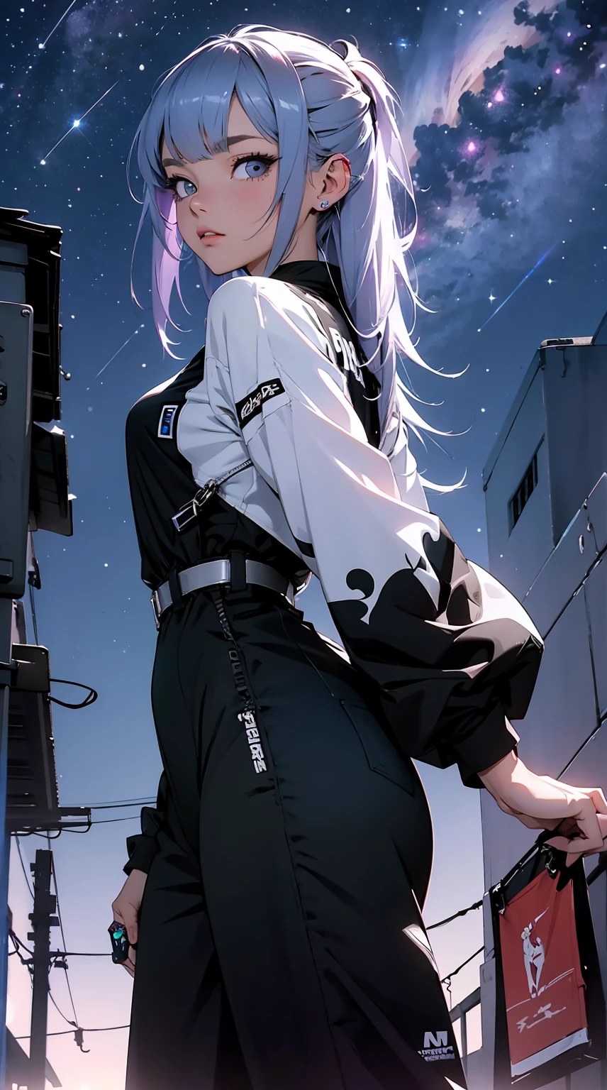 obra prima, 4K Ultra HD, foco nítido, realista, uma garota no estilo Gura Gawr de Hololive, but with the following characteristics: Athletic girl, Wearing a stylized black and white jumpsuit, in a Japanese city at dusk with a purple starry sky with some stars, Inspirado no estilo de arte GUWEIZ