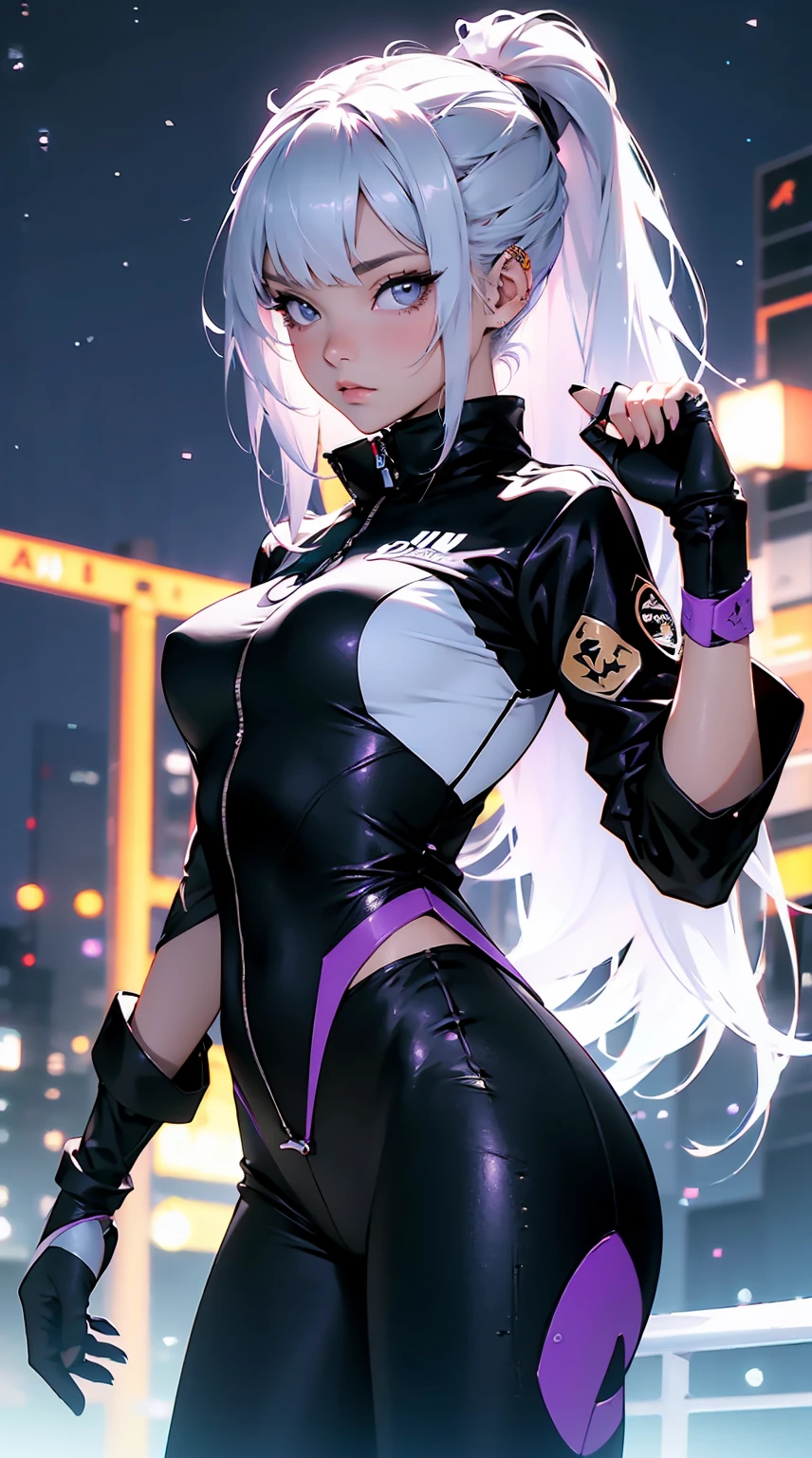 obra prima, 4K Ultra HD, foco nítido, realista, uma garota no estilo Gura Gawr de Hololive, but with the following characteristics: Athletic girl, Wearing a stylized black and white jumpsuit, in a Japanese city at dusk with a purple starry sky with some stars, Inspirado no estilo de arte GUWEIZ