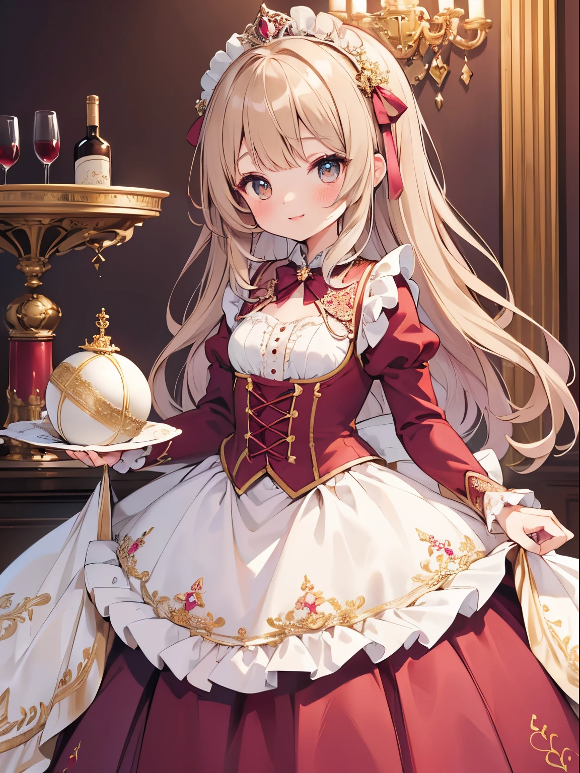 (Top Quality, 4K, High Resolution, Masterpiece), ((Perfect Anatomy)), Cute Girl, Chibi, (Light Brown Hair, Beige Hair, Long Hair, Gradient Eyes), ((👄)), Smile, BREAK , burgundy dress with lace decoration, pastel colors, ((princess in a gorgeous rococo ball gown decorated with beautiful embroidery and jewels, voluminous hoop skirt with ruffles)), ((crinoline)),(small breasts), ((🍷)), wine background
