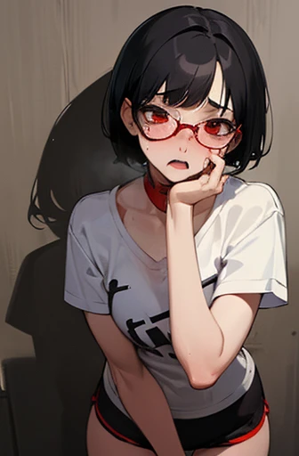(NSFW)((Best Quality)), ((Masterpiece)), (Detailed), woman with short black hair with glasses, very white skin, red eyes, with a too short miniskirt, with a scared expression and crying in pain for losing her virginity, she feels alone and has no help but also a sexualized expression