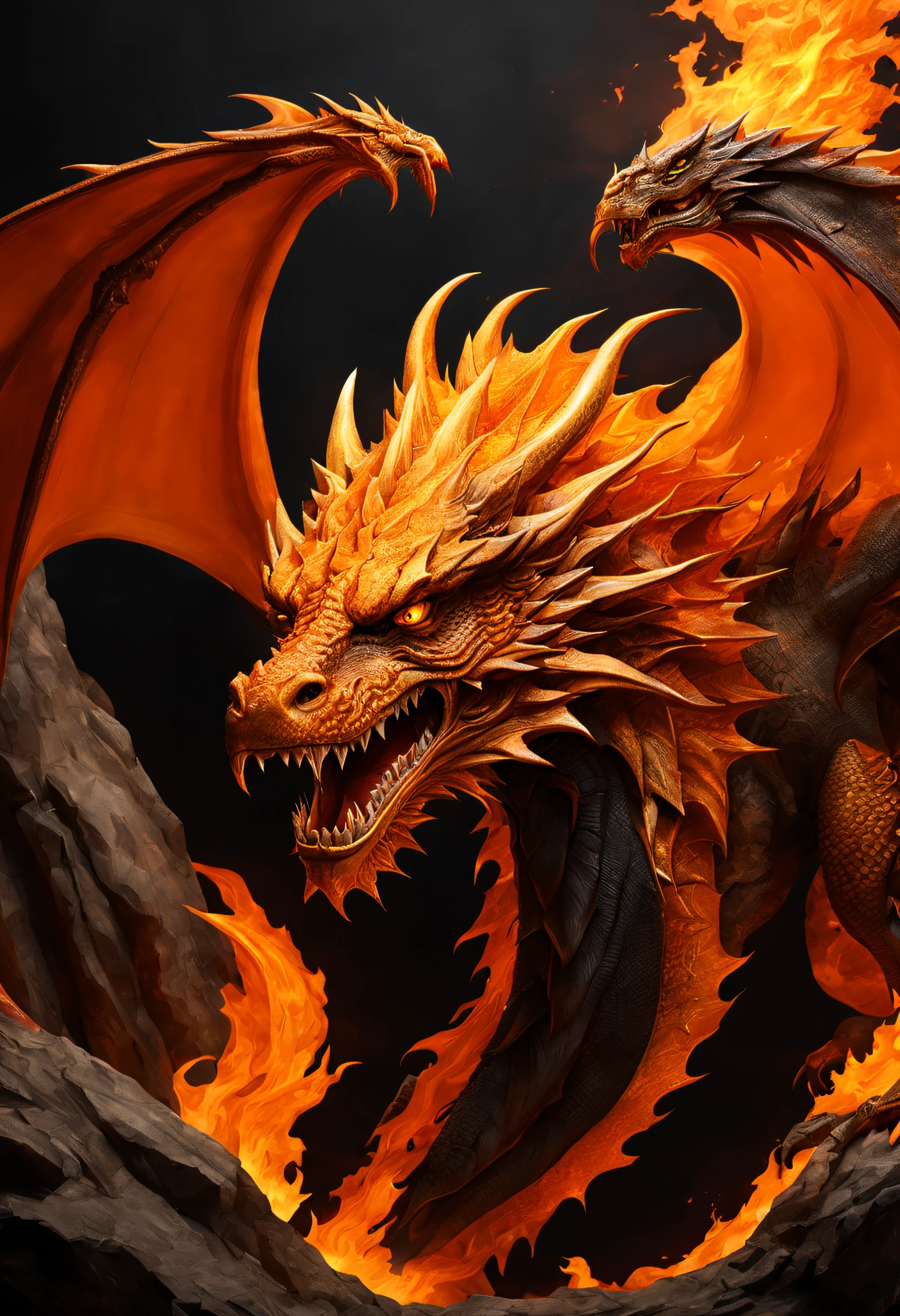 A magnificent realistic and very detailed dragon, lot of textured and detailled same orange flame