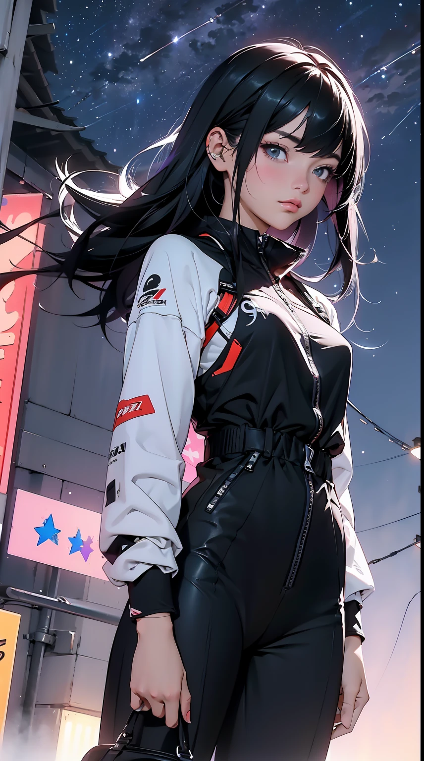 obra prima,  4K Ultra HD, foco nítido, realista, uma garota no estilo Gura Gawr de Hololive, but with the following characteristics: Athletic girl, Wearing a stylized black and white jumpsuit, in a Japanese city at dusk with a purple starry sky with some stars, Inspirado no estilo de arte GUWEIZ