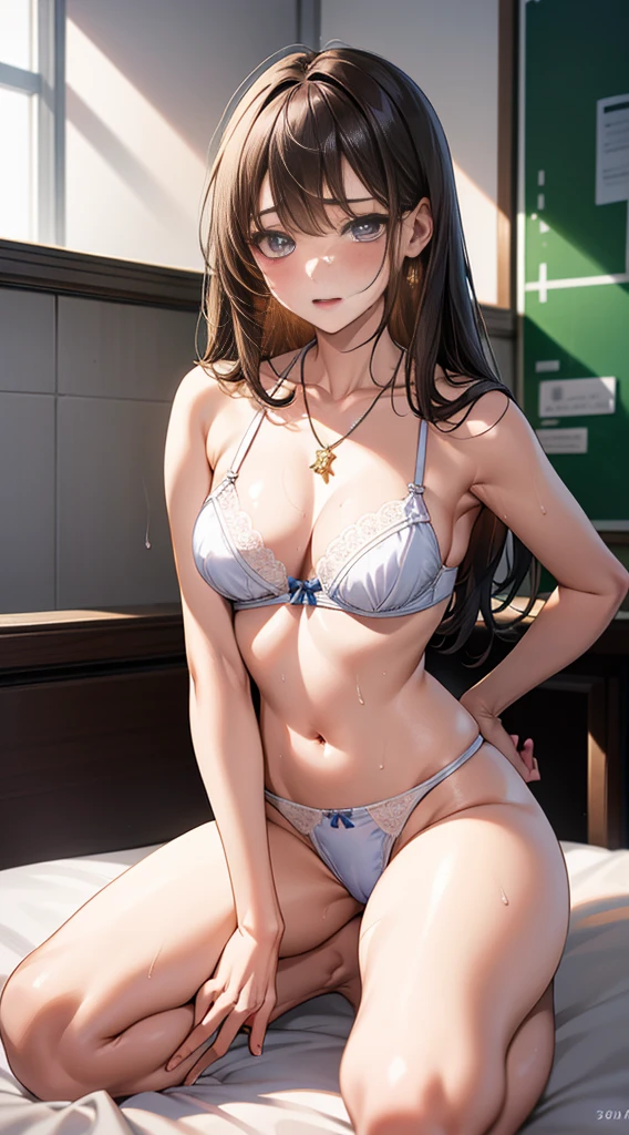 photographrealistic、quality、超高分辨率、photore、photo of a beautiful scandinavian girl、Extraordinary beautiful girl、outstanding outstanding、love and、(pure love face_v1:0.008)、beautiful bangs、Skin glows、pretty girl pretty girl#39;heads、Silky hair、finer hair、hd eyes、perfect body figure, Bright and clear, Give way to people who open their eyes、eyeline、二重まぶた、Full body like、Frustrated、、White slime everywhere,,、Overflowed、、、 Red blush、Humiliated、impatient、Frustrated、Frightened、glarelight、embarrassed from、Open the knee、spread their behavior:2.0)、Crotch、catch、put finger 、White under underwear、white bra、Shiny little earrings and necklace、Disheveled clothes、Dressing、Pubic hair shows through、livestock、Soaked with sweat、underwear transparent、18yr old, clean and tidy woman , Upturned, On the desk in the classroom、Black-brown hair、blue gray eyes,(Those girls#39; high school clothes:1.4)、