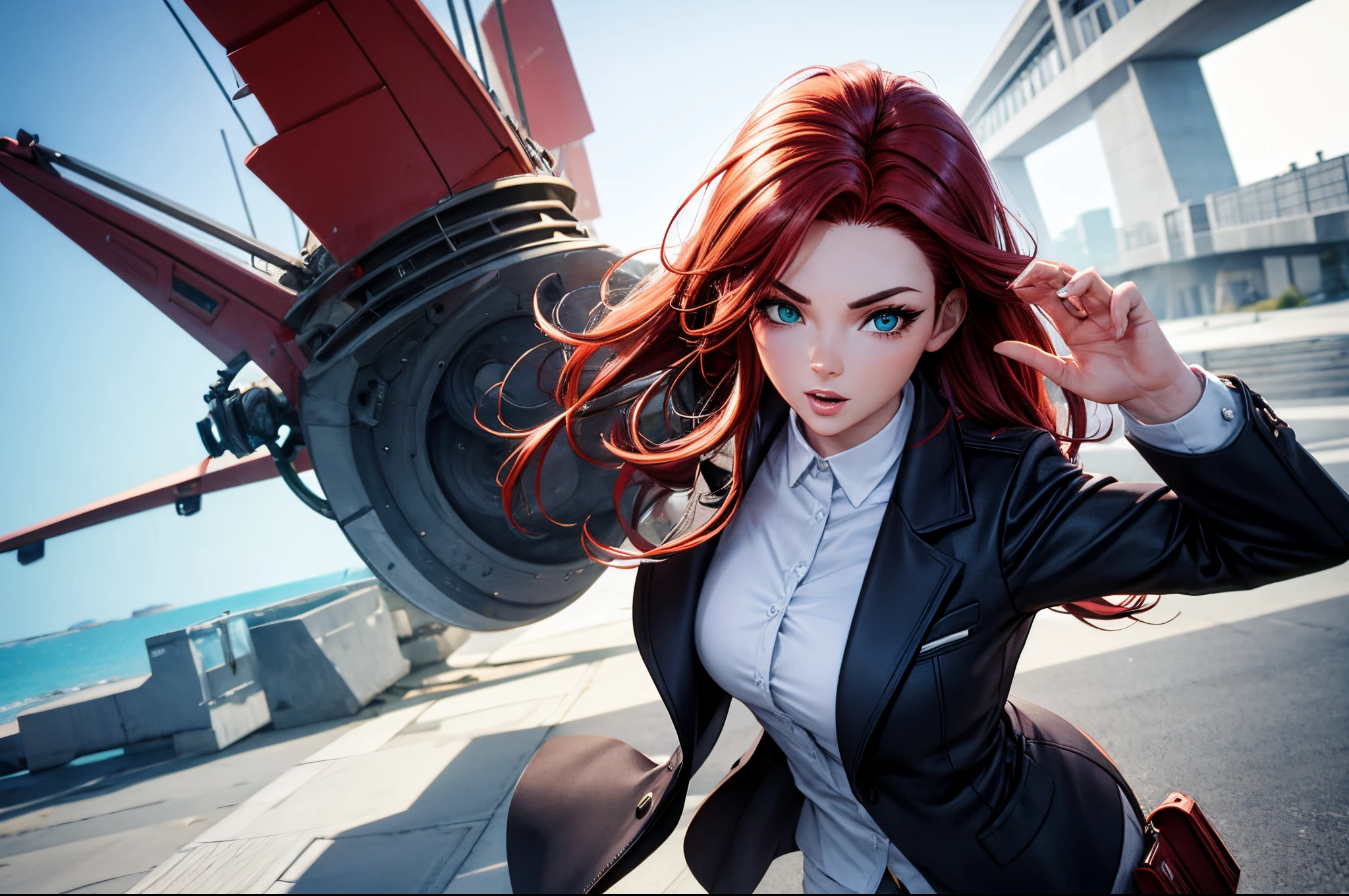 3d realistic cartoon avatar, [front view], [25 year old Spanish woman], [red hair, modern, [green eyes], [modern, professional clothing], white background