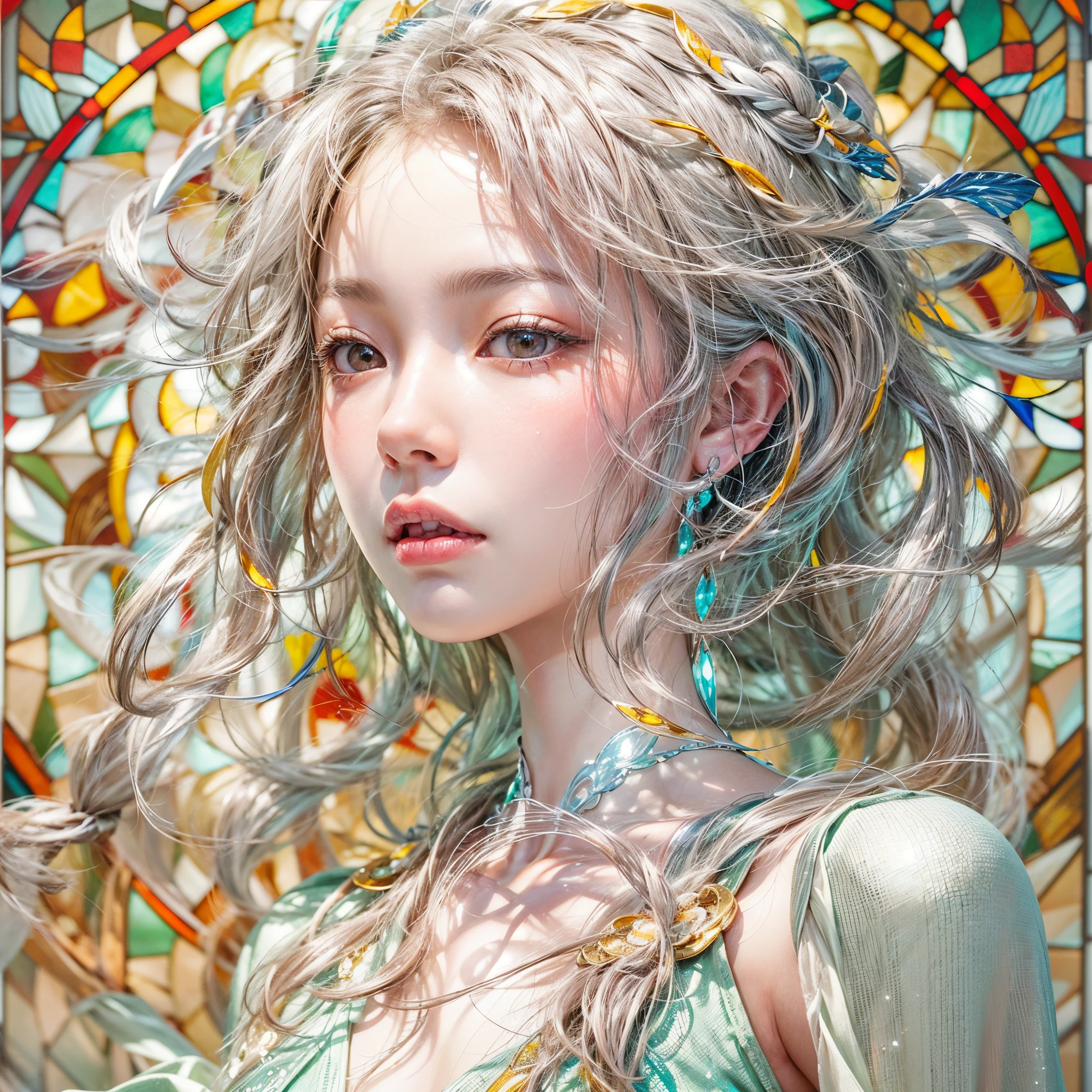 ( Masterpiece, White and vivid colors, (Exposed:1.2), (nipple:-0.9)), (((Renbutsu Misako|Misako Renbustu))), ((face variations)), { Navel | pretty Ass }, portrayed in the best quality and high resolution. The image should be ultra-detailed, realistic, and photorealistic with a touch of rawness. concept art. The color tone should be vibrant and vivid, enhancing the overall visual impact. (Whole Body proportions and all limbs are anatomically accurate), (Vivid Colorful light shines through the delicate stained glass). delicate limbs, Detail of sparkling oiled ivory skin, (short Bob, delicate wear), Whole Body proportions and all limbs are anatomically accurate .