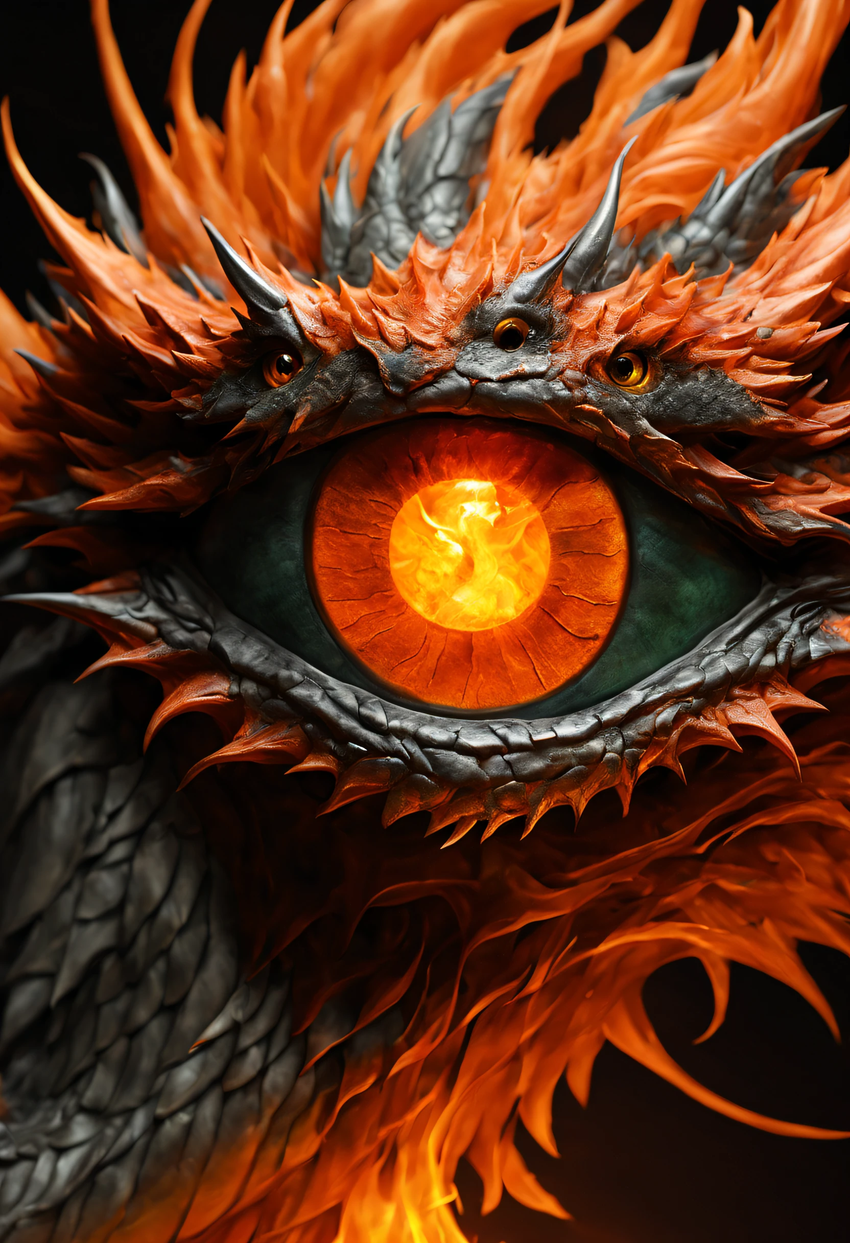 A magnificent realistic and very detailed close up on eye of dragon, lot of textured and detailled same orange flame with full body visible