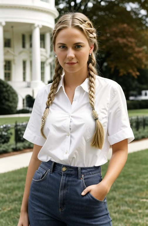 "Imagine a PORTRAIT of a friendly 27-year-old AmerICAN. She has short,neatly plaited and braided BLONDE hair, striking brown eyes. DRESSED PROFESSIONALLY" POSING in front of the white house."