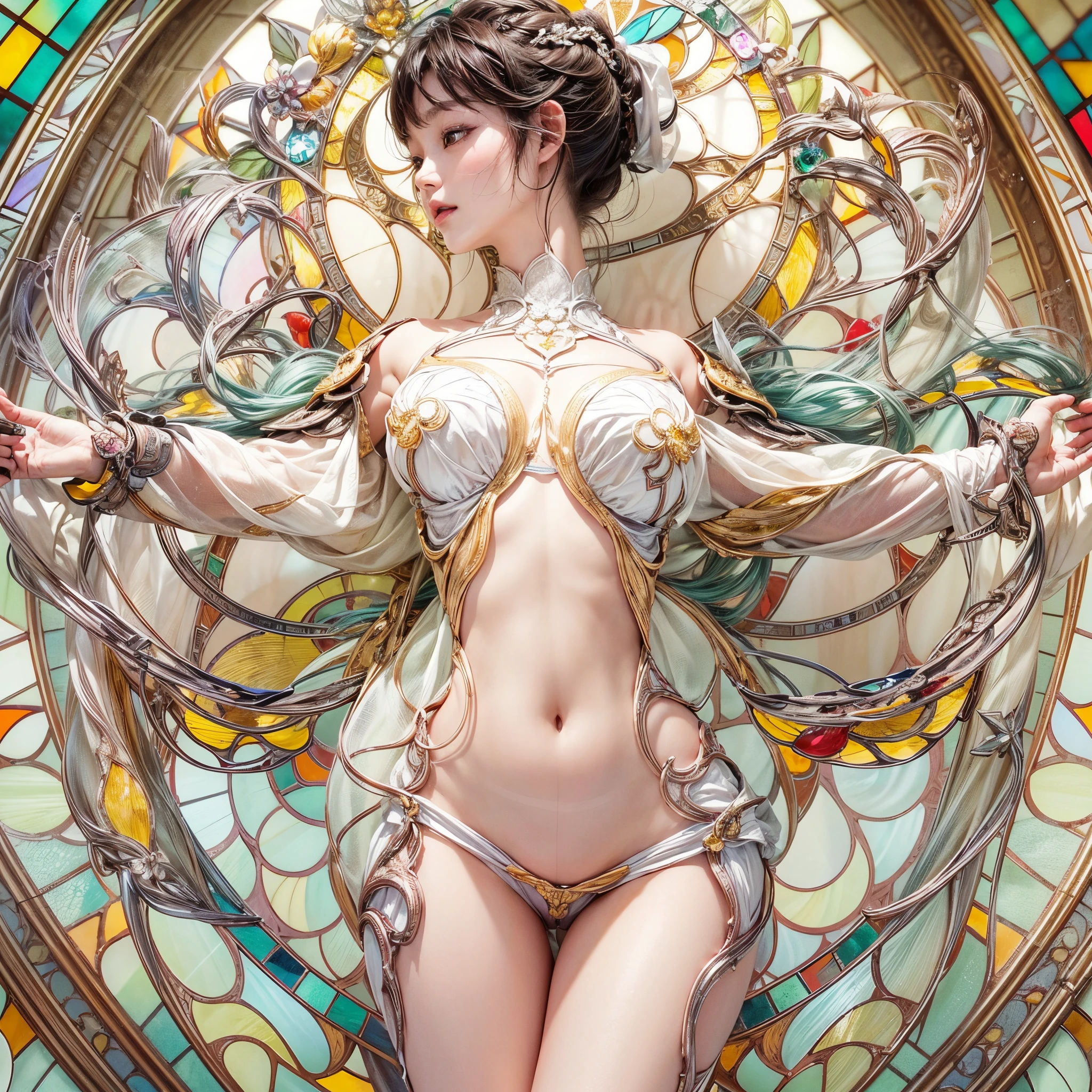 ( Masterpiece, White and vivid colors, (Exposed:1.2), (nipple:-0.9)), (((Renbutsu Misako|Misako Renbustu))), ((face variations)), { Navel | pretty Ass }, portrayed in the best quality and high resolution. The image should be ultra-detailed, realistic, and photorealistic with a touch of rawness. concept art. The color tone should be vibrant and vivid, enhancing the overall visual impact. (Whole Body proportions and all limbs are anatomically accurate), (Vivid Colorful light shines through the delicate stained glass). delicate limbs, Detail of sparkling oiled ivory skin, (short Bob, delicate wear), Whole Body proportions and all limbs are anatomically accurate .