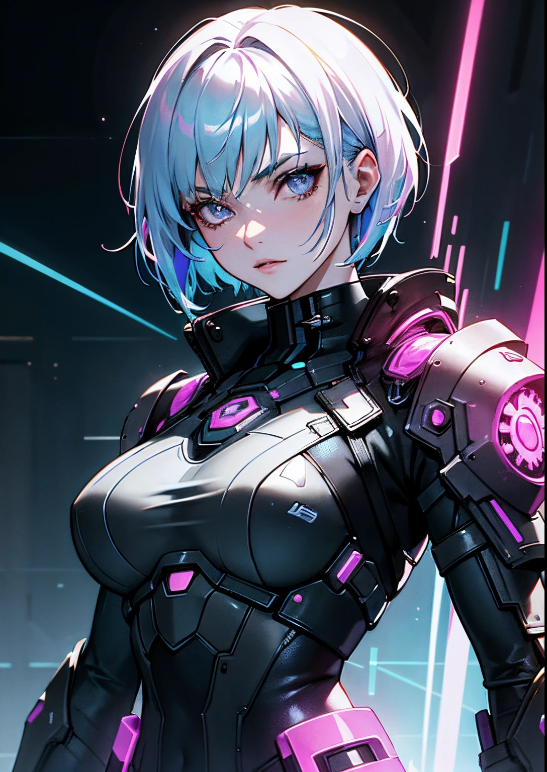 "Please create a UV Texture with the following characteristics: Representation of an entire glass, from the front, with a beautiful cyberpunk princess dressed in armor and short hair. The image must be hyper-realistic, with an extremely detailed face. The resolution texture should be 16k."