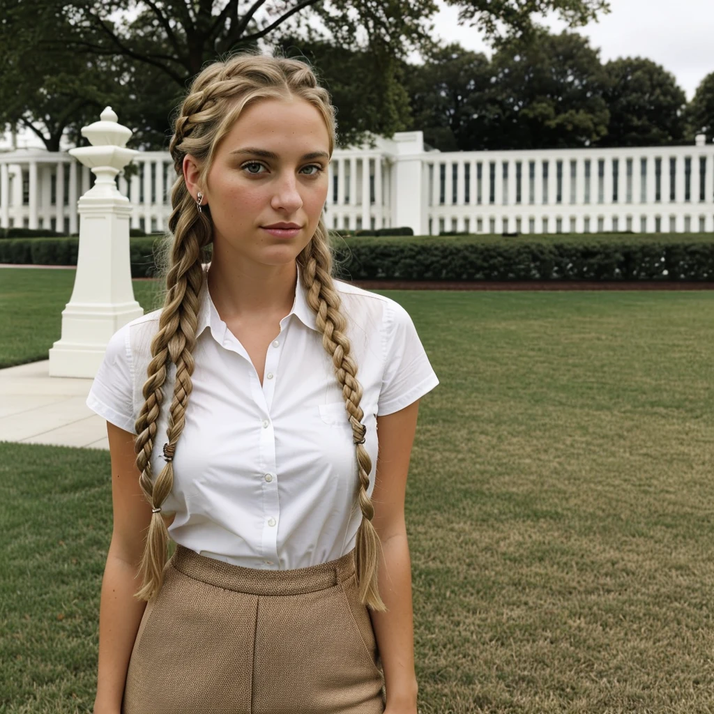 "Imagine a PORTRAIT of a friendly 27-year-old AmerICAN. She has short,neatly plaited and braided BLONDE hair, striking brown eyes. DRESSED PROFESSIONALLY" POSING in front of the white house."