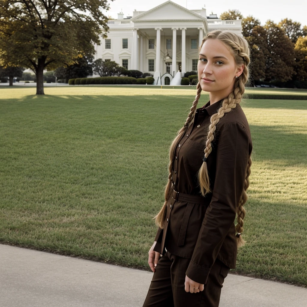 "Imagine a PORTRAIT of a friendly 27-year-old AmerICAN. She has short,neatly plaited and braided BLONDE hair, striking brown eyes. DRESSED PROFESSIONALLY" POSING in front of the white house."