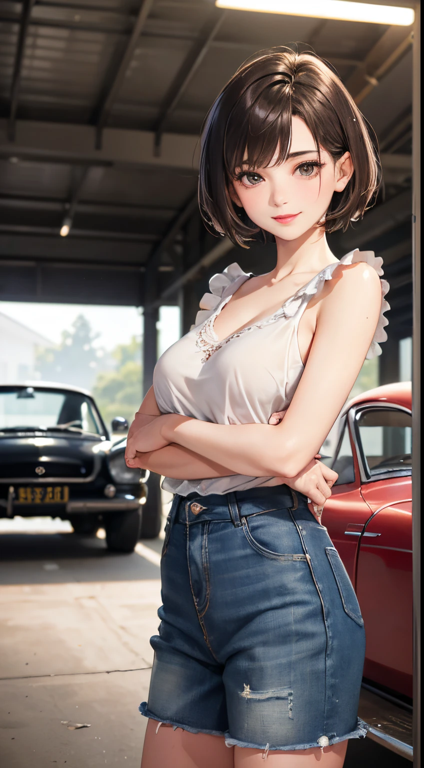 127
(a 20 yo woman, Standing), (A hyper-realistic), (high-level image quality), ((beautiful hairstyle 46)), ((short-hair:1.46)), (Gentle smile), (breasted:1.1), (lipsticks), (Large garage), (Depth of field is deep), (classic car)