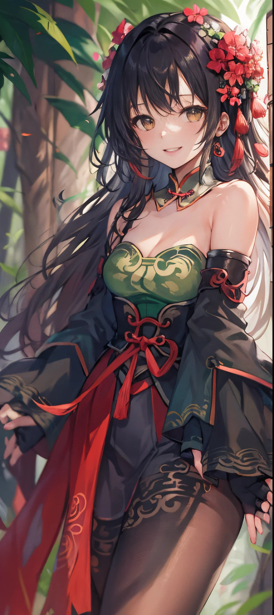 Best Quality, (masutepiece:1.2), Illustration, absurderes,
(1girl in, Solo), (Beautiful detailed girl),
Guan Yinping, Black hair, Brown eyes, Hair Ornament, Hair Flower, Small breasts,
Green top, Bare shoulders, Black collar, Black corset, Red skirt, Fingerless gloves, Green boots,
in bamboo forest, chinese architecture, stream,
Looking at Viewer, which are full of confidence,  Smile,